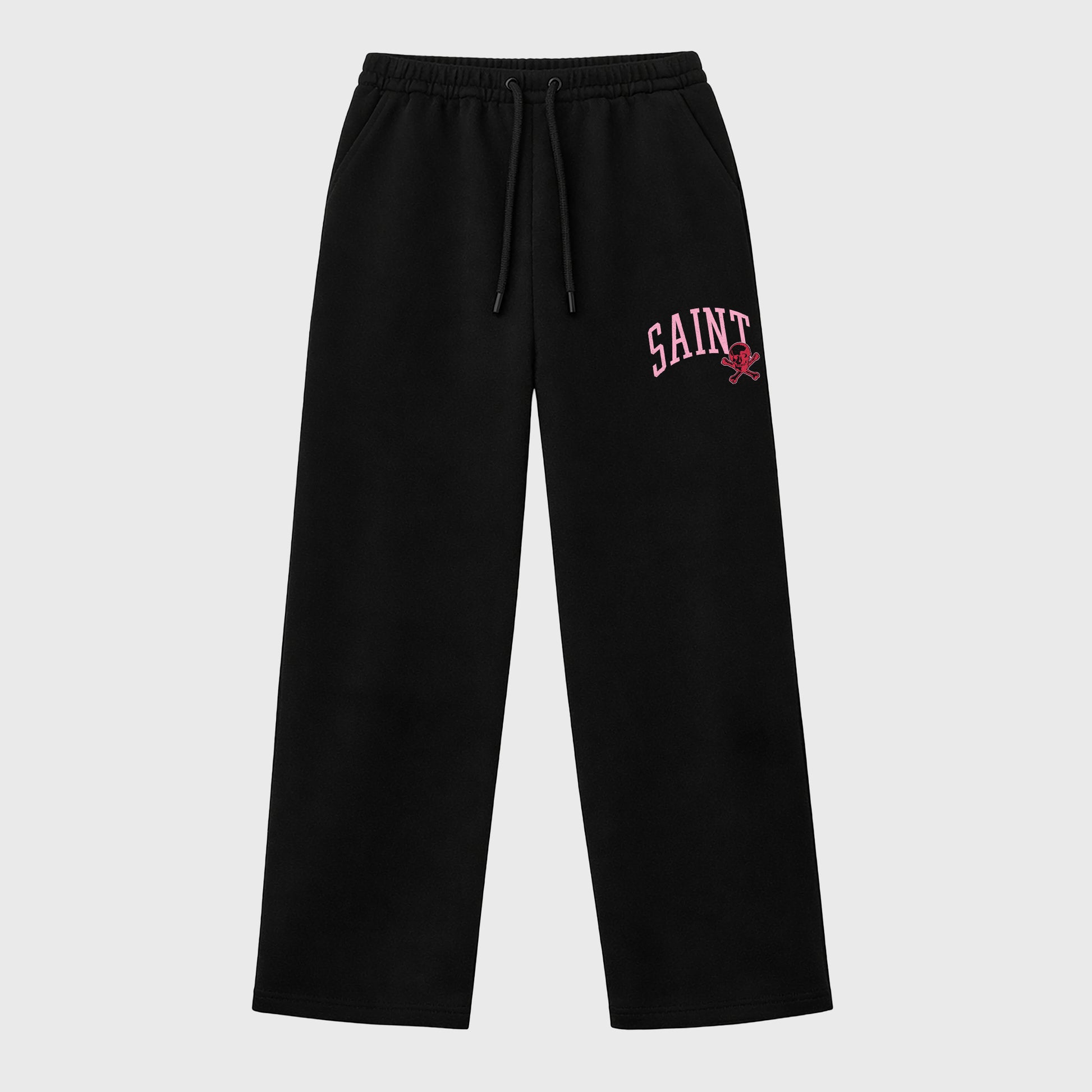 Saint Bones graphic wide cut sweatpants designed to match the Jordan 1 Low x Travis Scott Tropical Pink, featuring coordinated Black 1 options for a perfect streetwear vibe.