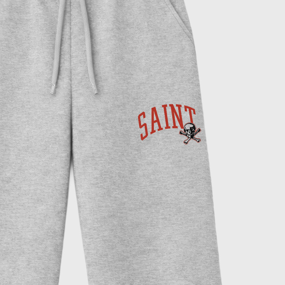 Saint Bones graphic wide cut sweatpants designed to match the Air Jordan 4 Brick After Brick, featuring coordinated Heather Grey 2 options for a perfect streetwear vibe.