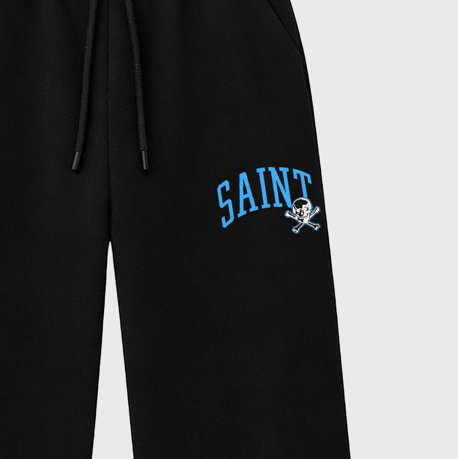Saint Bones graphic wide cut sweatpants designed to match the Air Jordan 5 Black Carolina, featuring coordinated Black 2 options for a perfect streetwear vibe.
