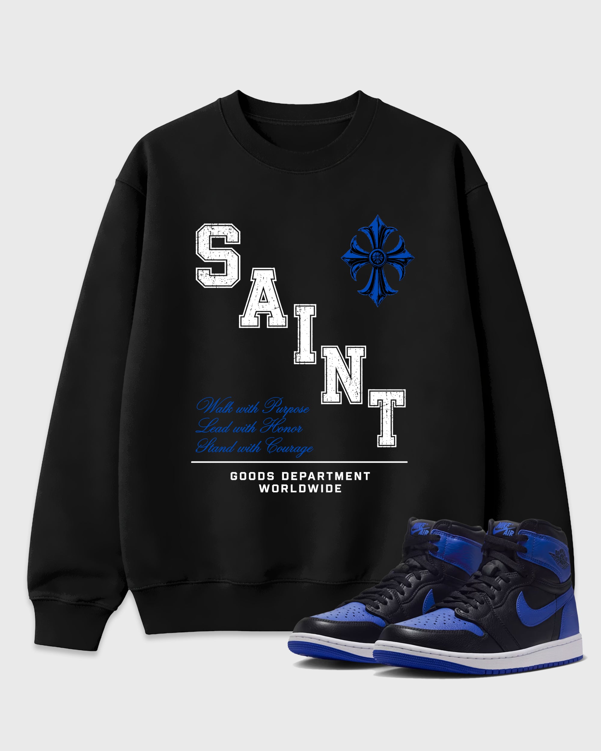 Saint Division Graphic T-Shirt featuring original streetwear artwork designed to match the Air Jordan 1 Royal. Black 1 Graphic Tee.