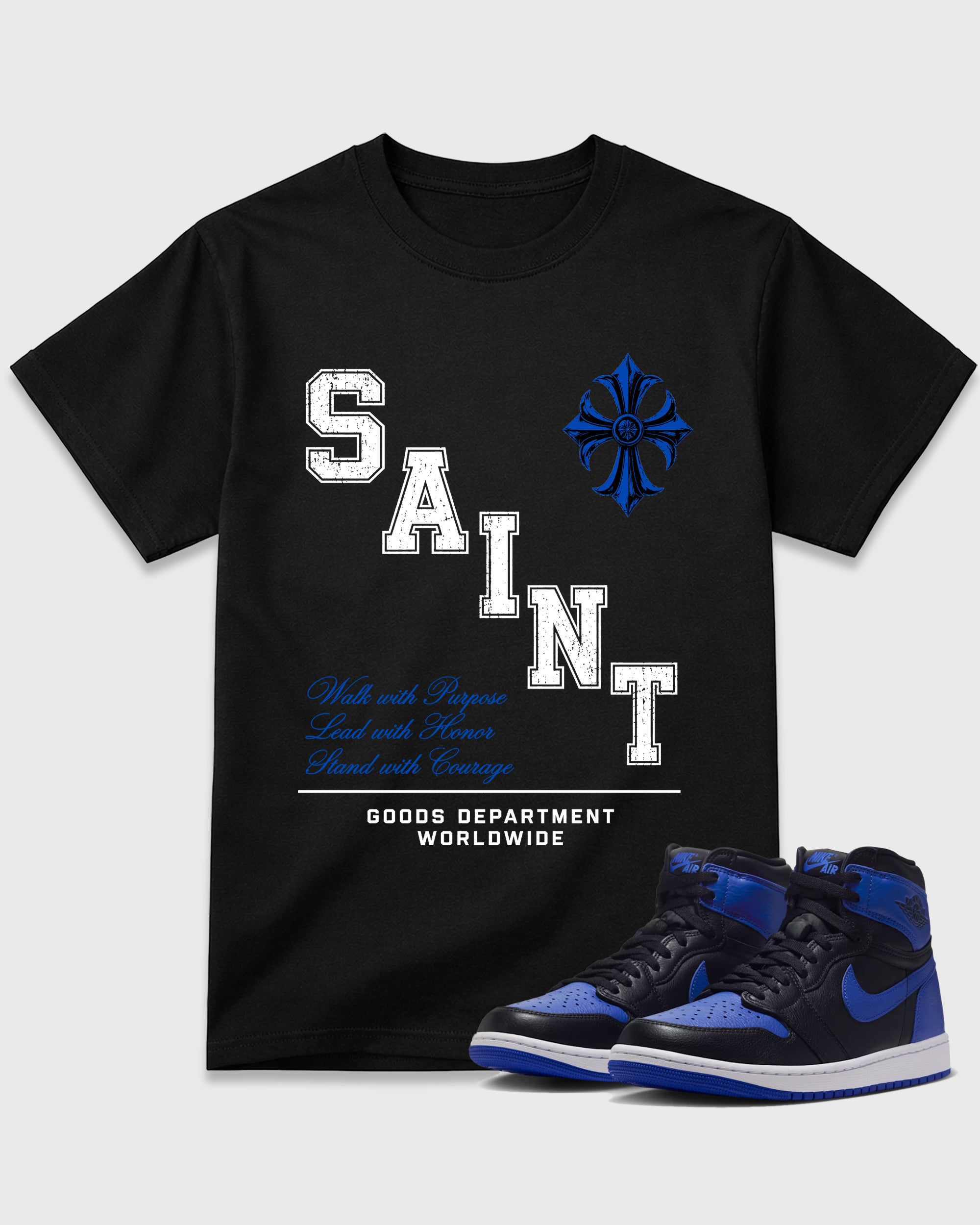 Saint Division Graphic T-Shirt featuring original streetwear artwork designed to match the Air Jordan 1 Royal. Black 1 Graphic T-Shirt.