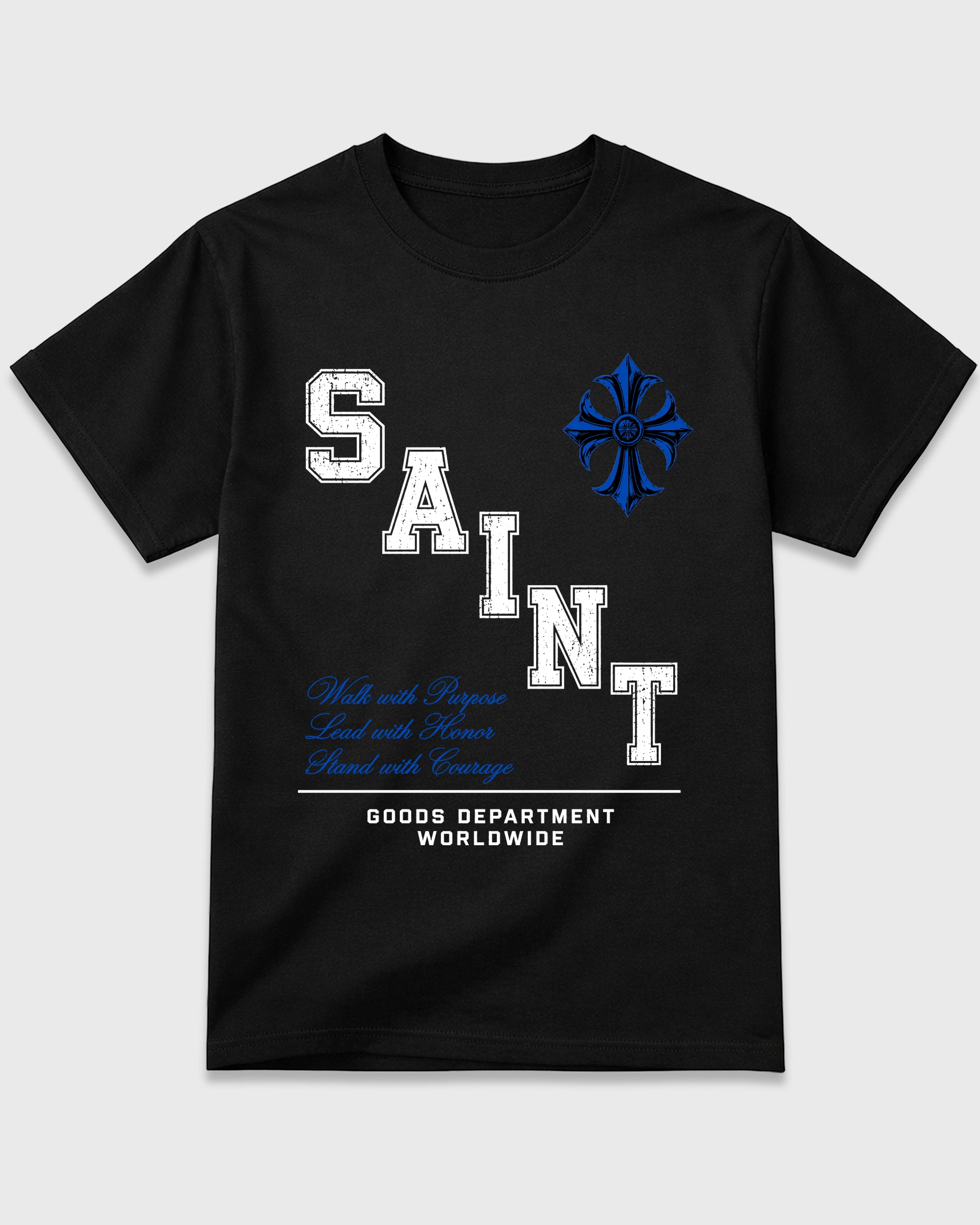 Saint Division Graphic T-Shirt featuring original streetwear artwork designed to match the Air Jordan 1 Royal. Black 2 Graphic T-Shirt.