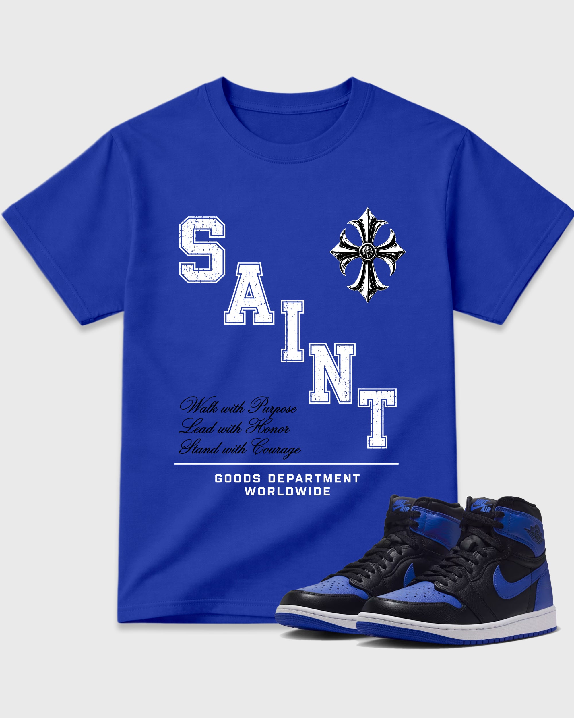 Saint Division Graphic T-Shirt featuring original streetwear artwork designed to match the Air Jordan 1 Royal. Royal Blue 1 Graphic T-Shirt.