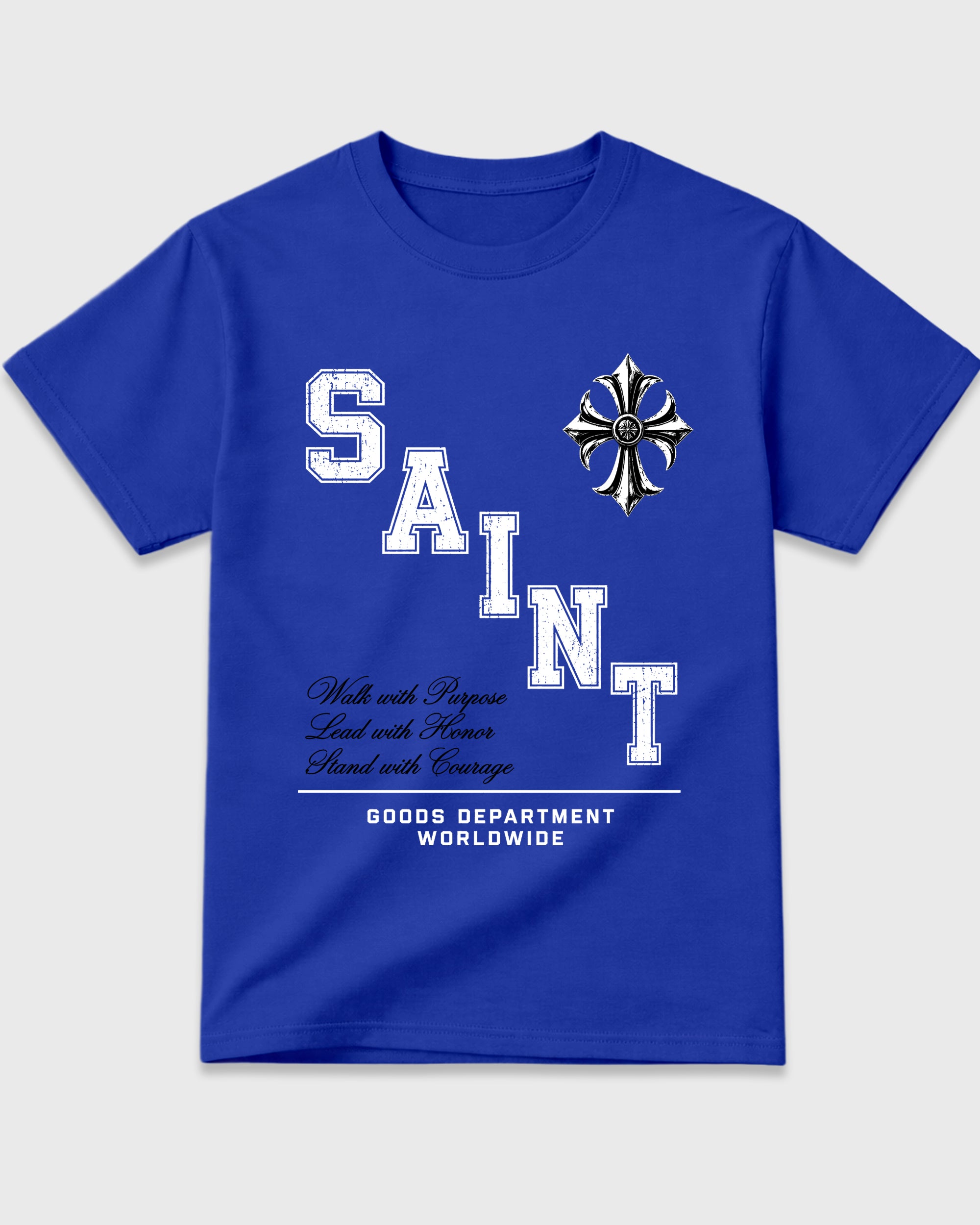 Saint Division Graphic T-Shirt featuring original streetwear artwork designed to match the Air Jordan 1 Royal. Royal Blue 2 Graphic T-Shirt.