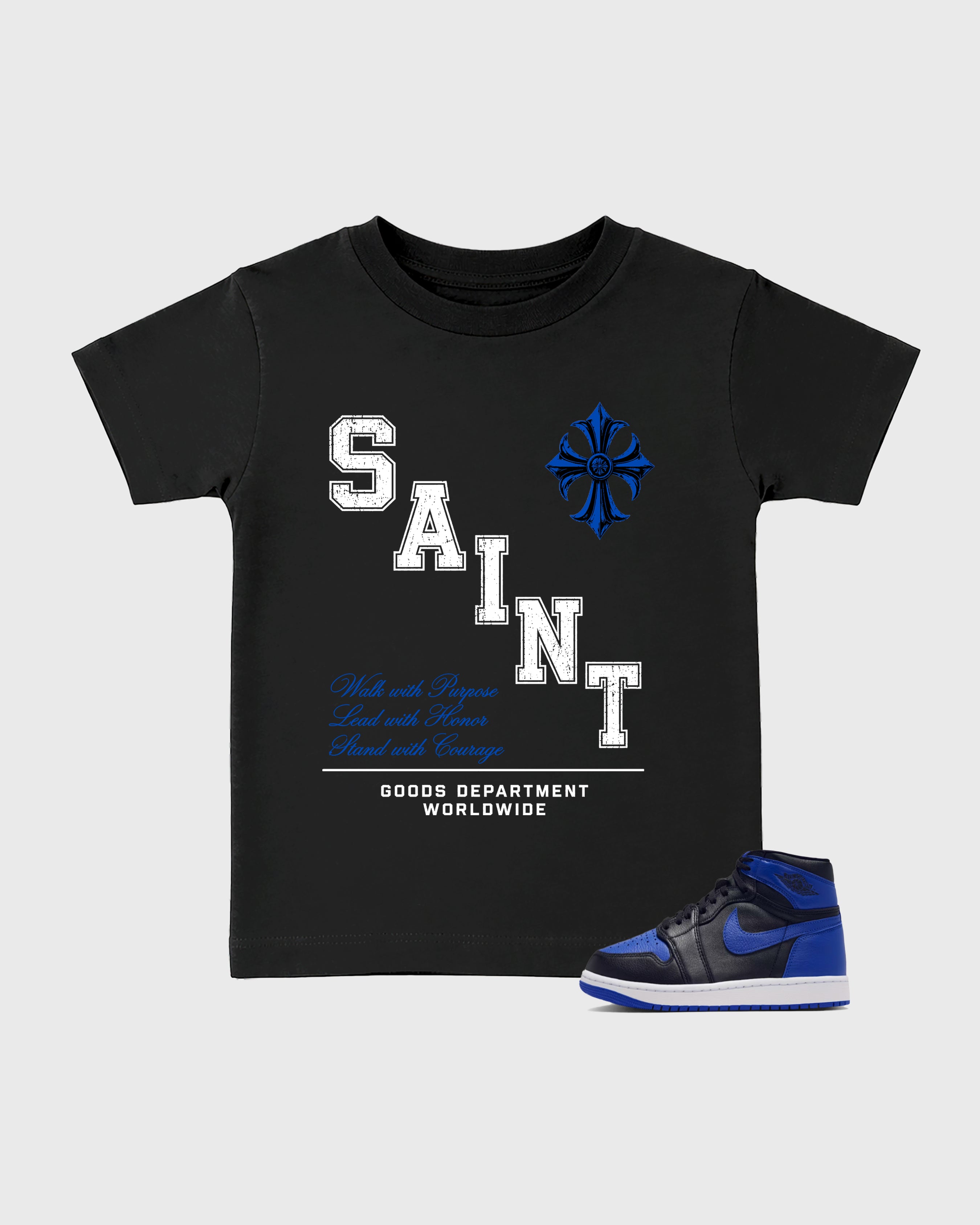 Saint Division Baby & Kids Graphic T-Shirt featuring original artwork designed to match the Air Jordan 1 Royal. Black 1 Kids Graphic Tee.