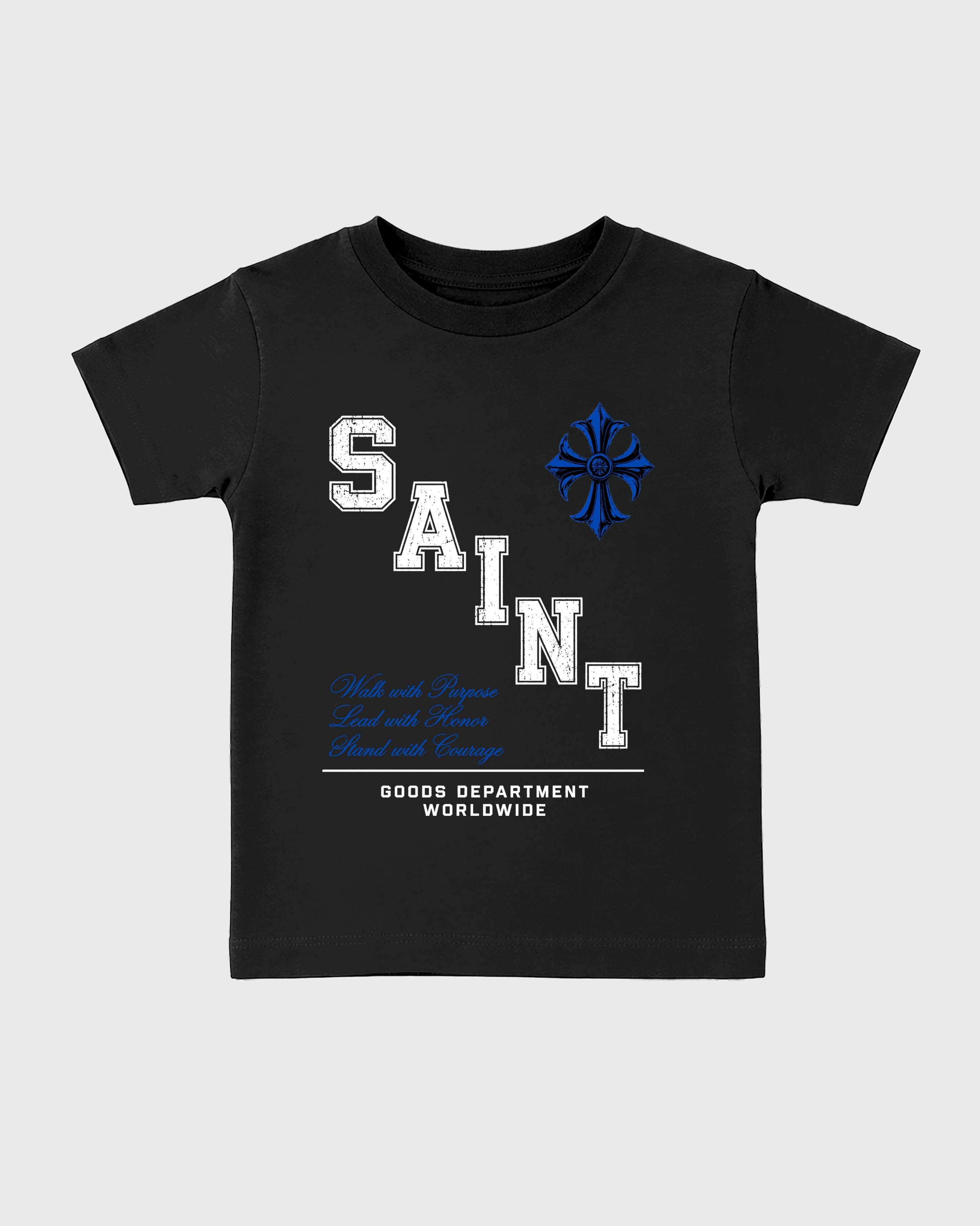 Saint Division Baby & Kids Graphic T-Shirt featuring original artwork designed to match the Air Jordan 1 Royal. Black 2 Kids Graphic Tee.
