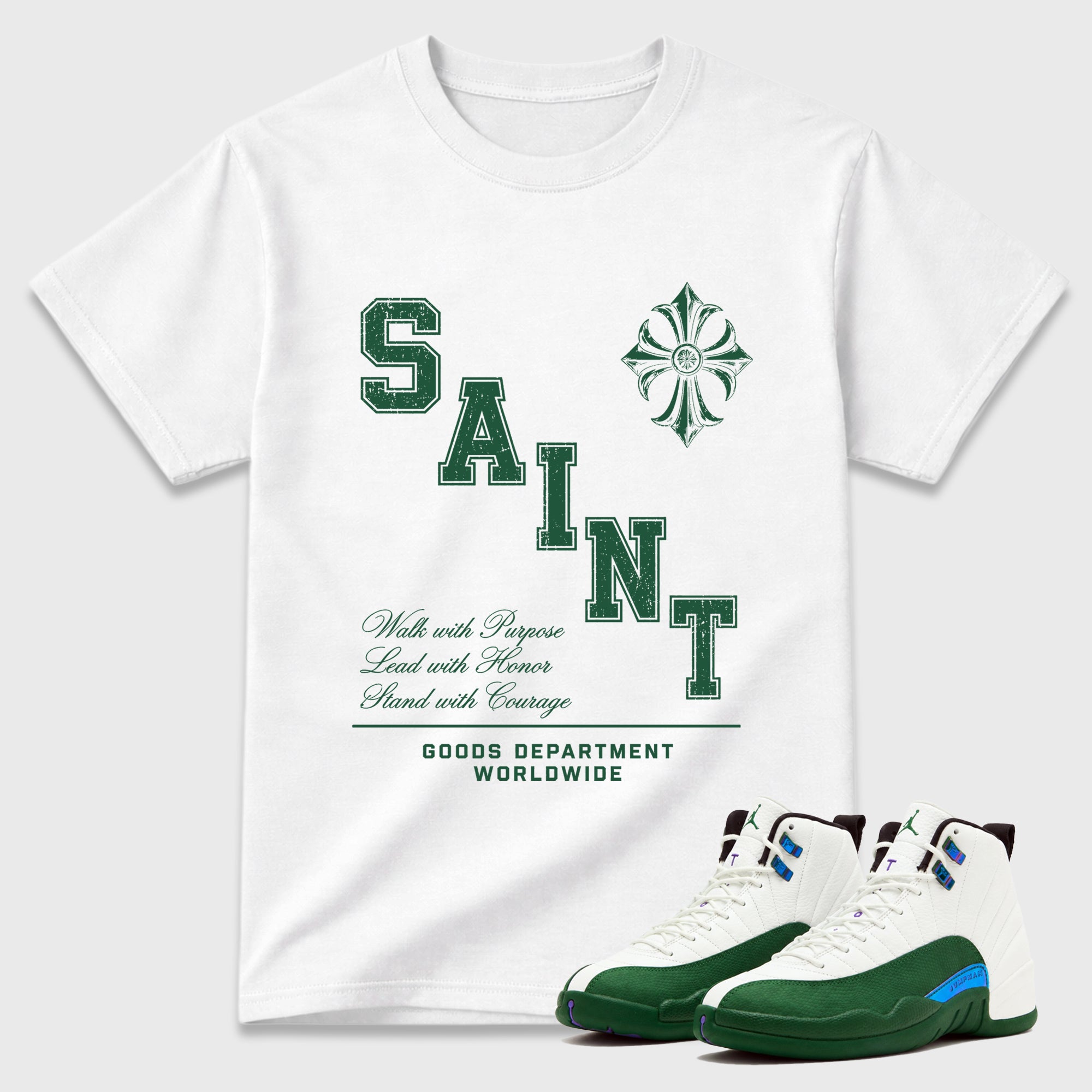 Saint Division Graphic T-Shirt featuring original streetwear artwork designed to match the Air Jordan 12 Summit Green. White 1 Graphic T-Shirt.