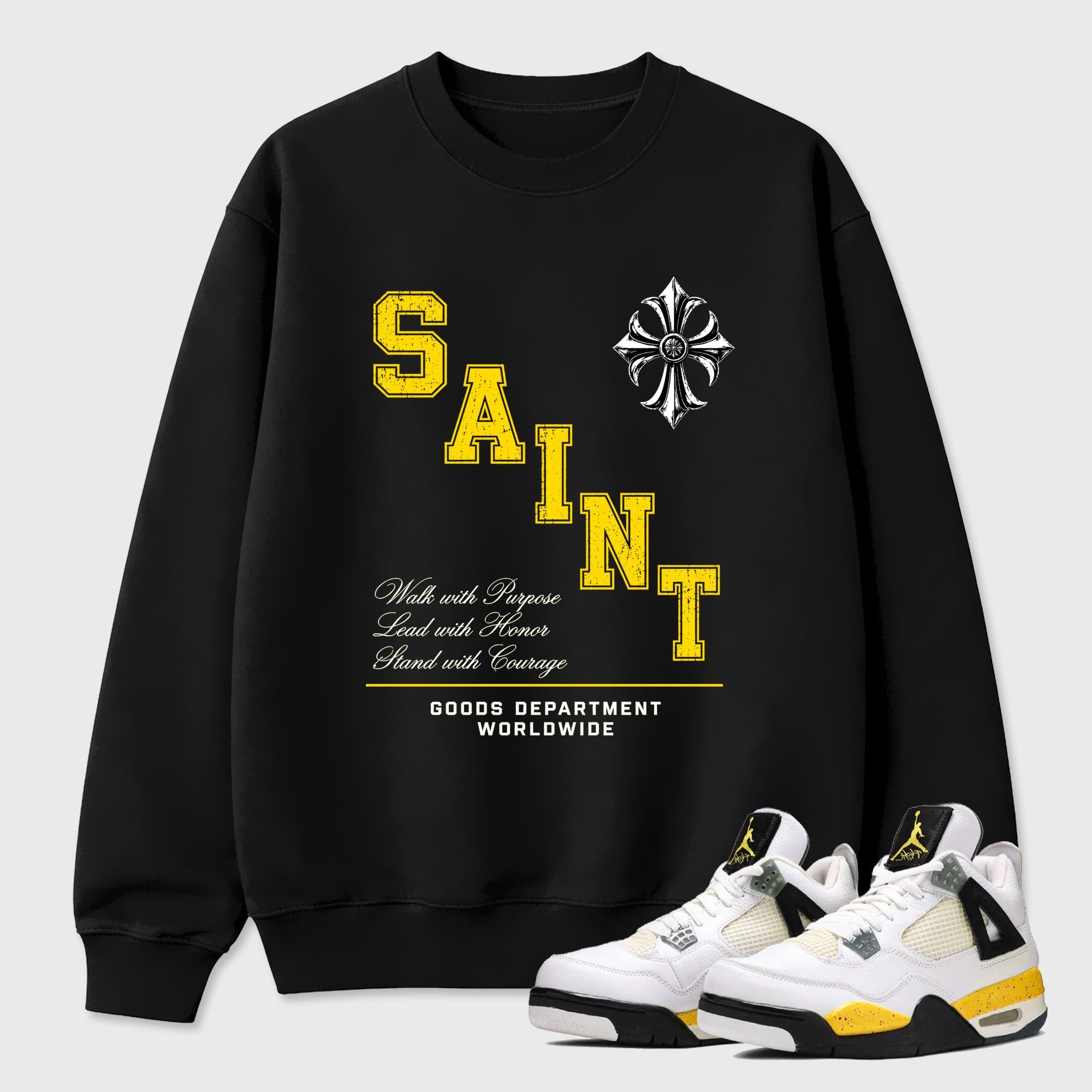 Saint Division Graphic T-Shirt featuring original streetwear artwork designed to match the Air Jordan 4 Tour Yellow. Black 1 Graphic Tee.