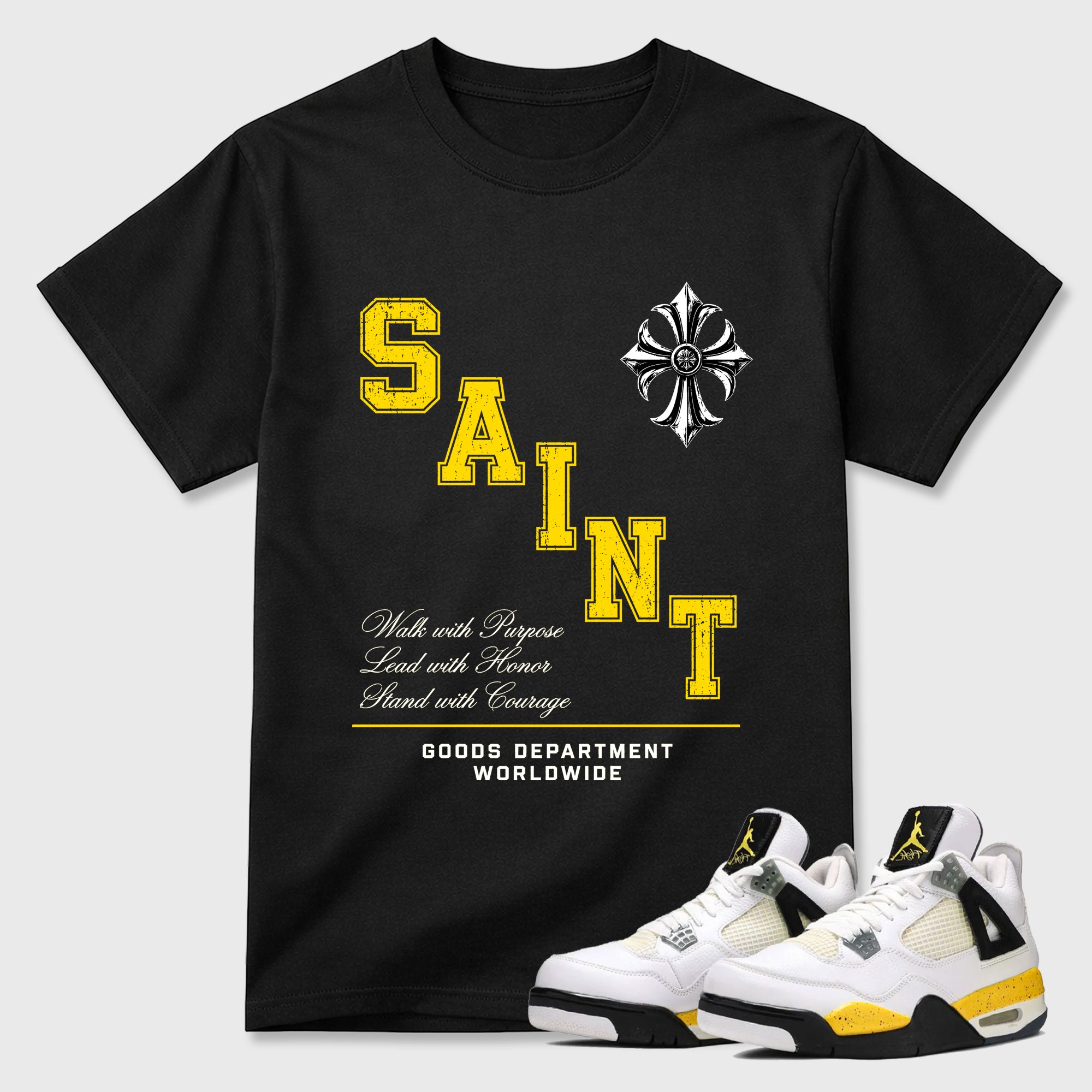 Saint Division Graphic T-Shirt featuring original streetwear artwork designed to match the Air Jordan 4 Tour Yellow. Black 1 Graphic T-Shirt.