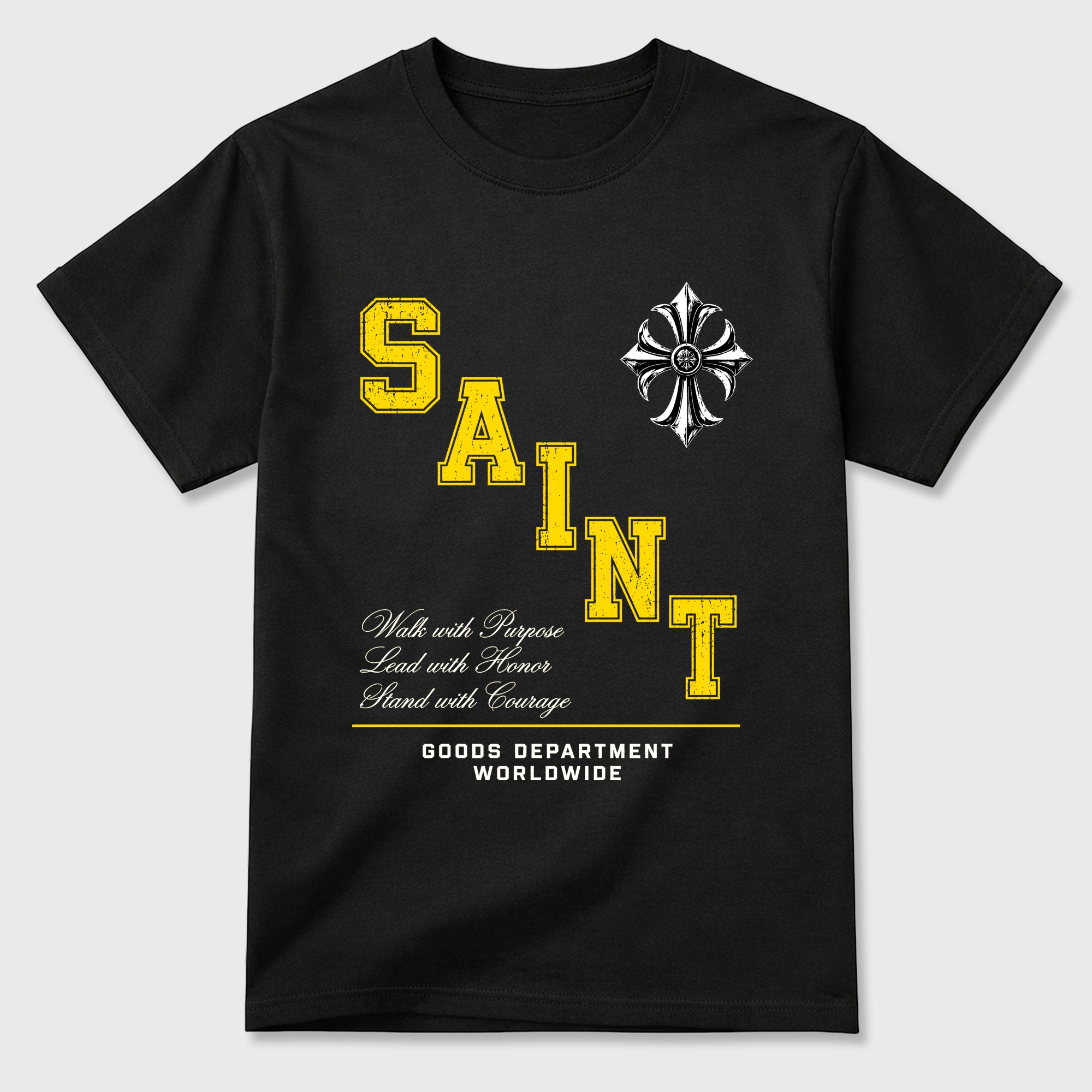 Saint Division Graphic T-Shirt featuring original streetwear artwork designed to match the Air Jordan 4 Tour Yellow. Black 2 Graphic T-Shirt.