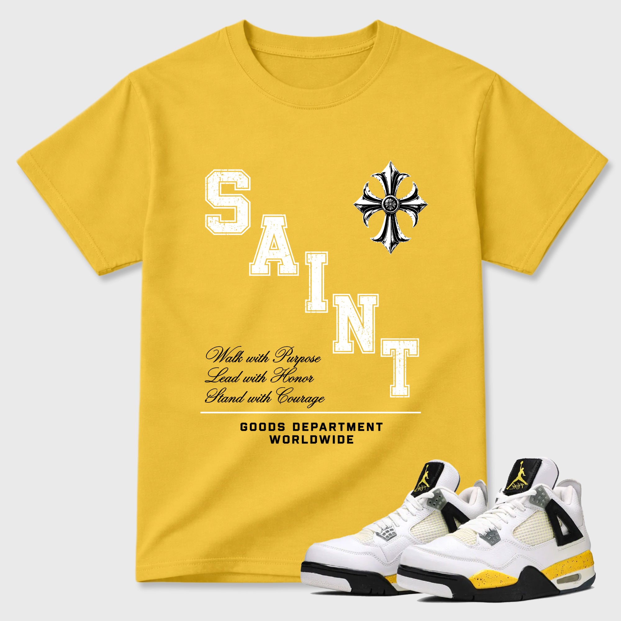 Saint Division Graphic T-Shirt featuring original streetwear artwork designed to match the Air Jordan 4 Tour Yellow. Daisy 1 Graphic T-Shirt.