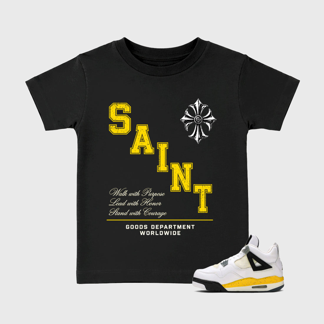 Saint Division Baby & Kids Graphic T-Shirt featuring original artwork designed to match the Air Jordan 4 Tour Yellow. Black 1 Kids Graphic Tee.