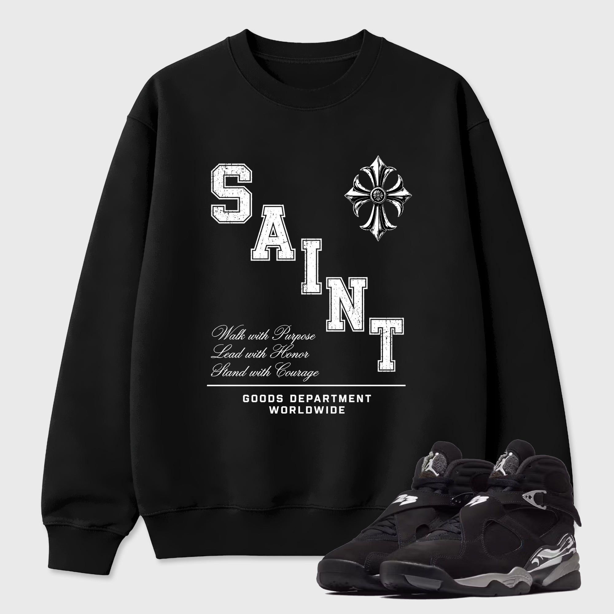 Saint Division Graphic T-Shirt featuring original streetwear artwork designed to match the Air Jordan 8 Chrome. Black 1 Graphic Tee.