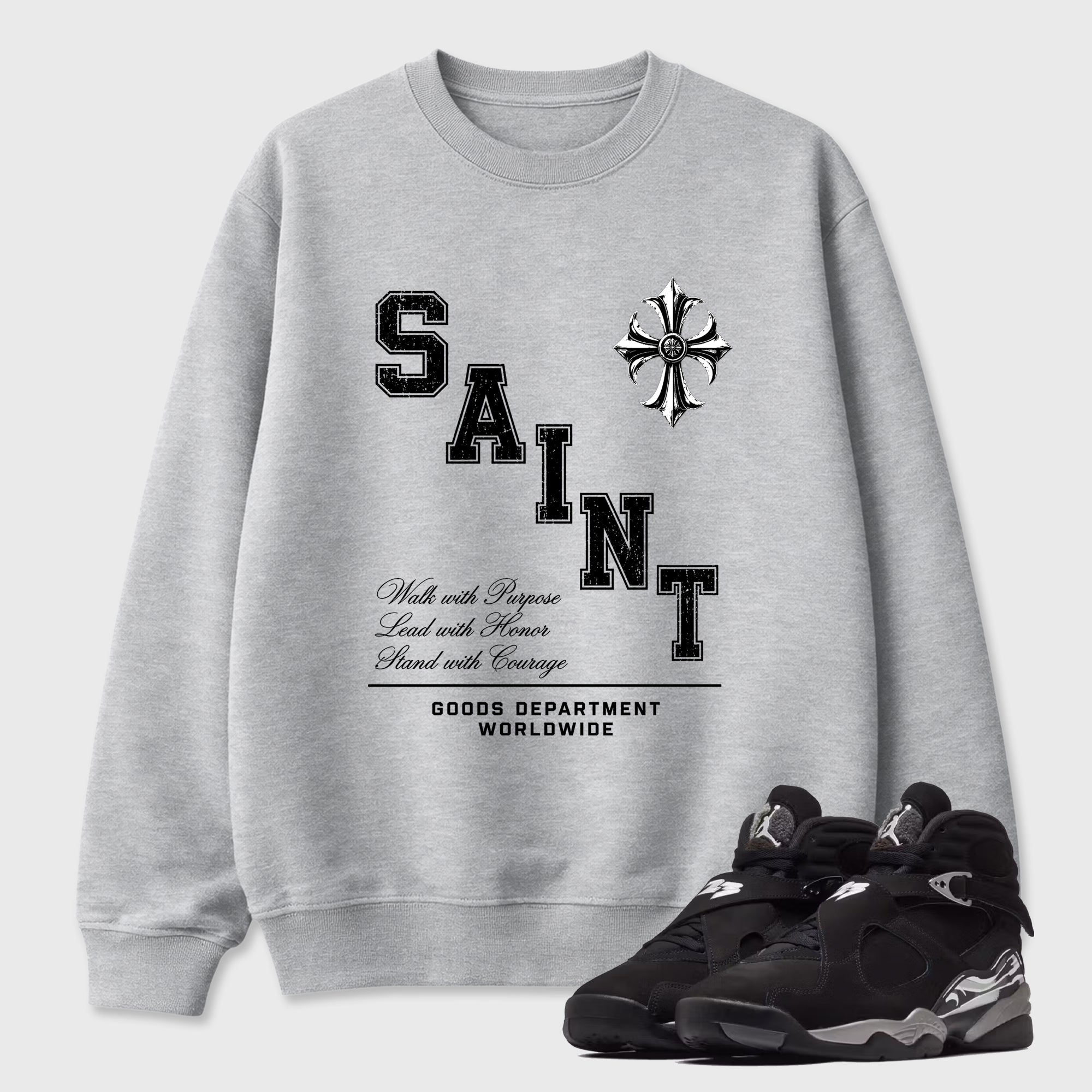Saint Division Graphic T-Shirt featuring original streetwear artwork designed to match the Air Jordan 8 Chrome. Heather Grey 1 Graphic Tee.
