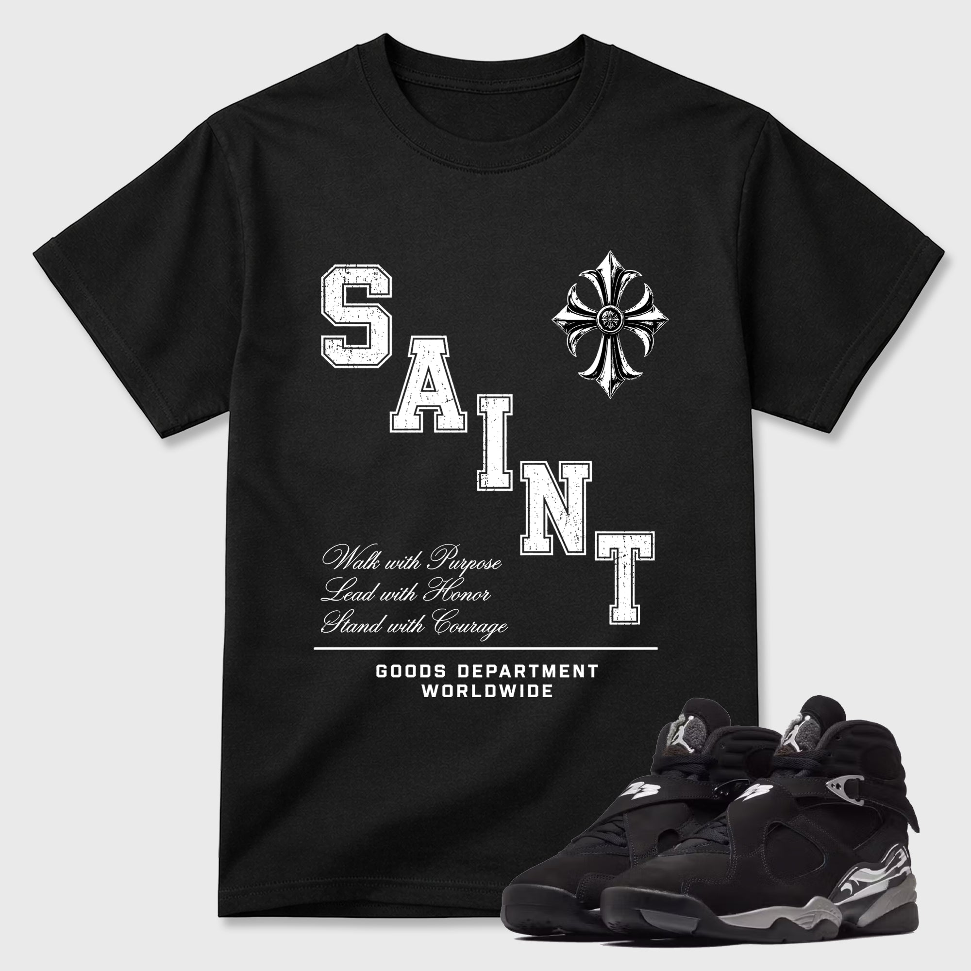 Saint Division Graphic T-Shirt featuring original streetwear artwork designed to match the Air Jordan 8 Chrome. Black 1 Graphic T-Shirt.