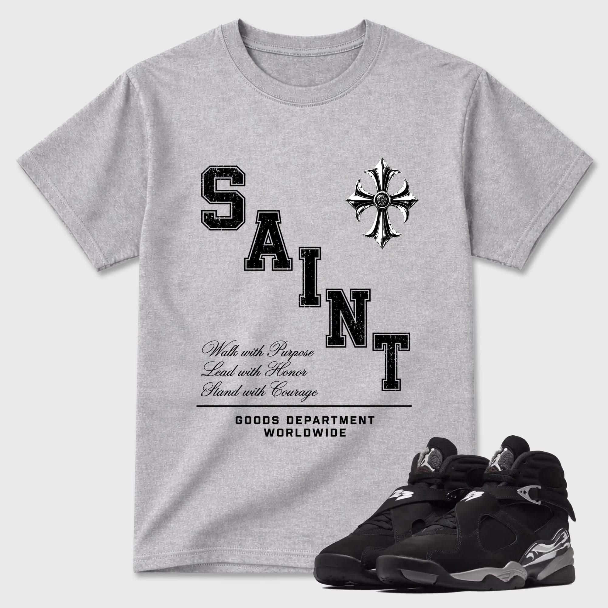 Saint Division Graphic T-Shirt featuring original streetwear artwork designed to match the Air Jordan 8 Chrome. Heather Grey 1 Graphic T-Shirt.