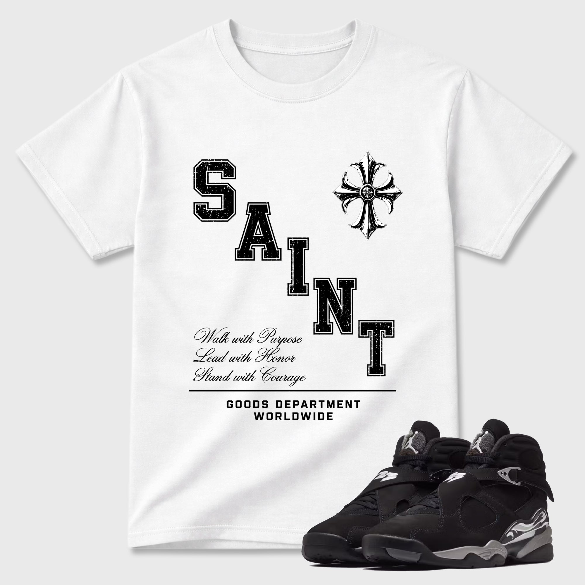 Saint Division Graphic T-Shirt featuring original streetwear artwork designed to match the Air Jordan 8 Chrome. White 1 Graphic T-Shirt.