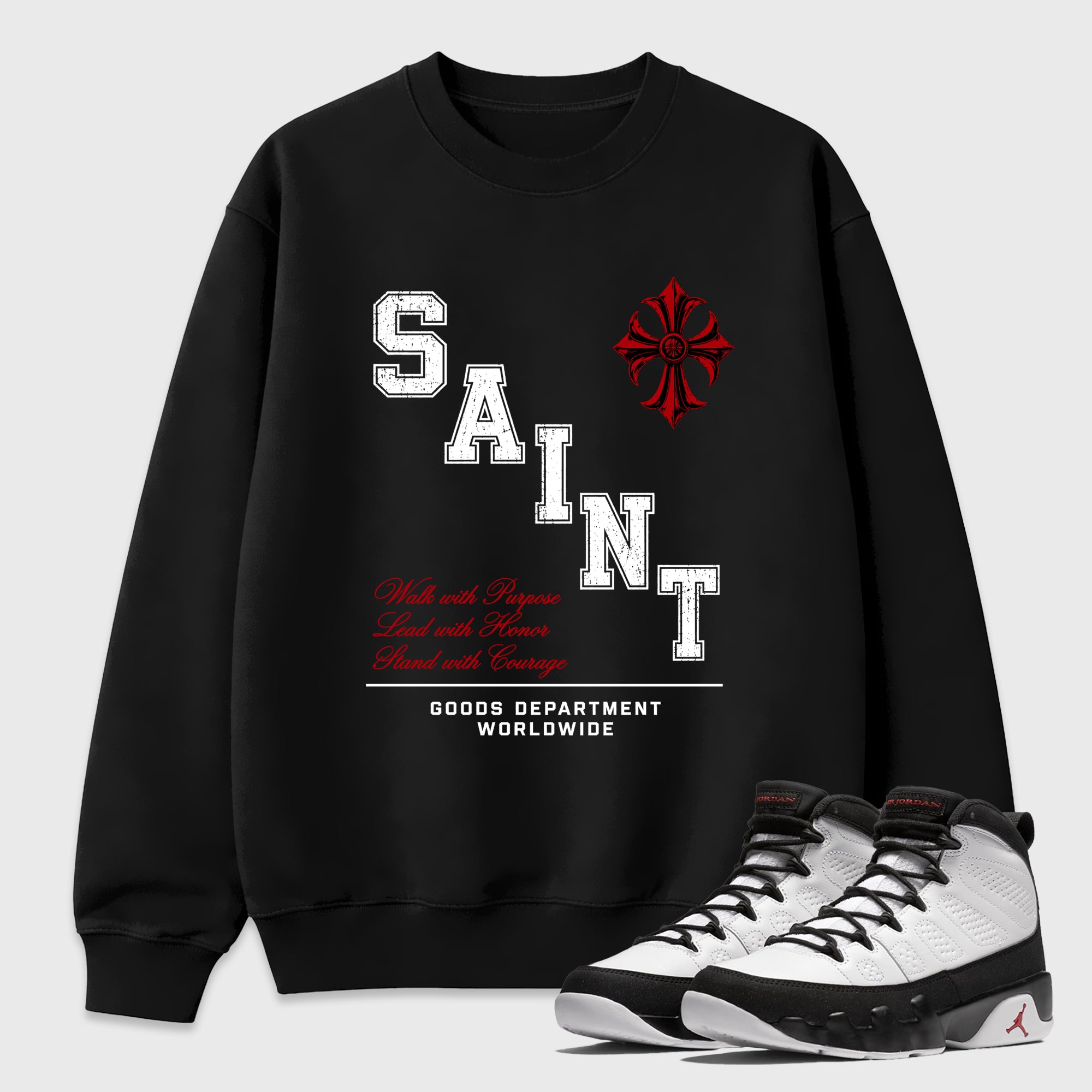 Saint Division Graphic T-Shirt featuring original streetwear artwork designed to match the Air Jordan 9 True Red. Black 1 Graphic Tee.