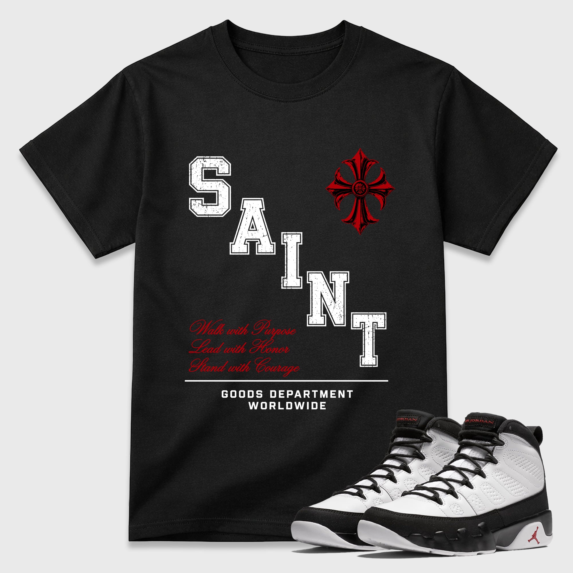 Saint Division Graphic T-Shirt featuring original streetwear artwork designed to match the Air Jordan 9 True Red. Black 1 Graphic T-Shirt.