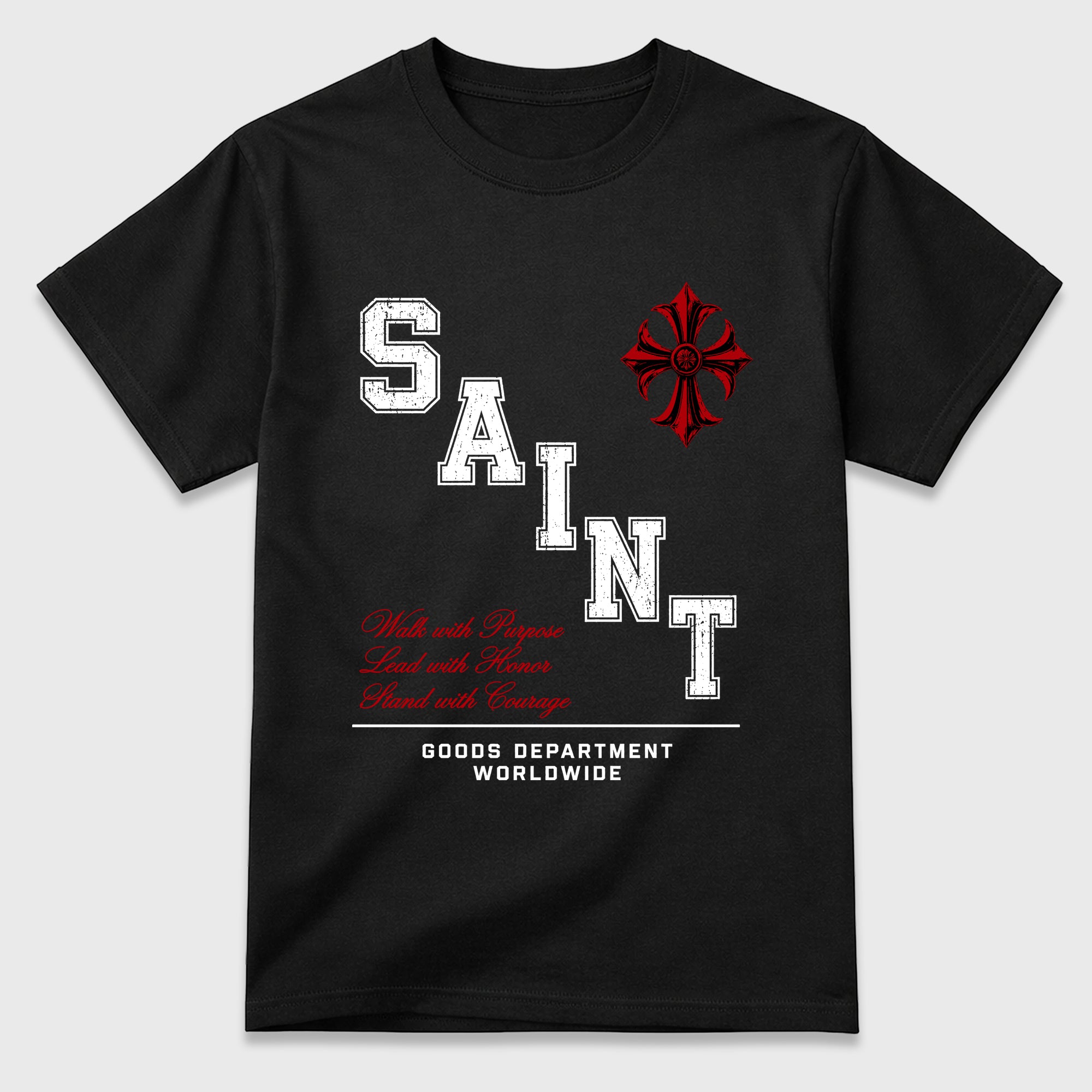 Saint Division Graphic T-Shirt featuring original streetwear artwork designed to match the Air Jordan 9 True Red. Black 2 Graphic T-Shirt.