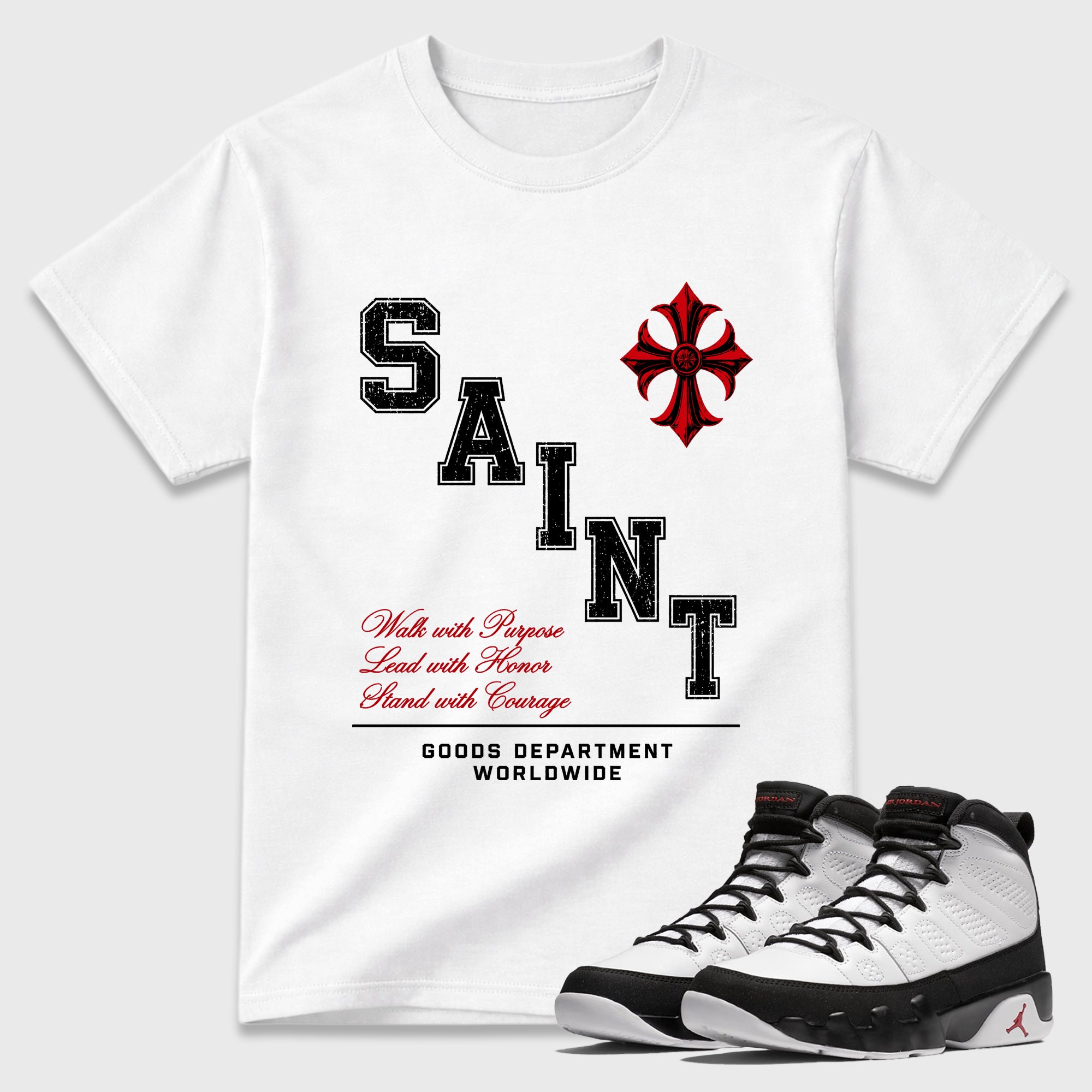 Saint Division Graphic T-Shirt featuring original streetwear artwork designed to match the Air Jordan 9 True Red. White 1 Graphic T-Shirt.