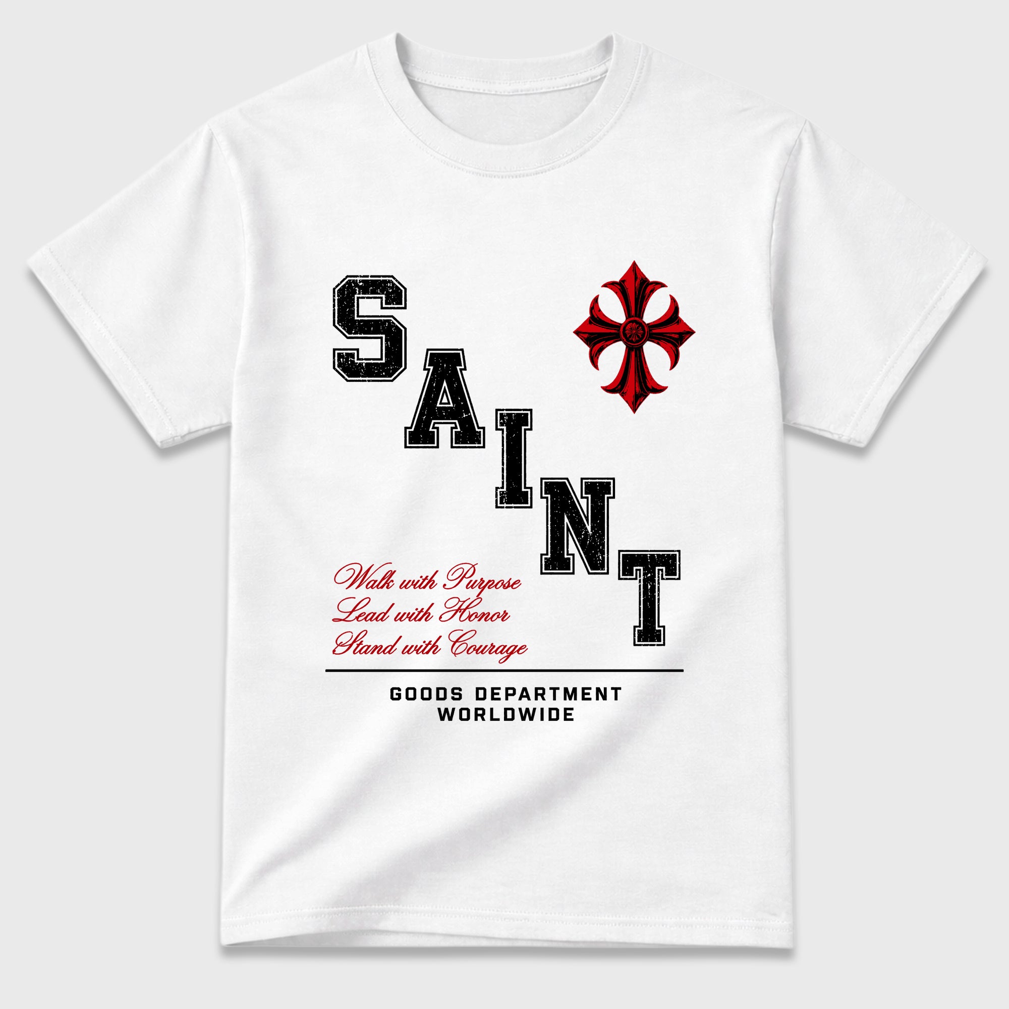 Saint Division Graphic T-Shirt featuring original streetwear artwork designed to match the Air Jordan 9 True Red. White 2 Graphic T-Shirt.