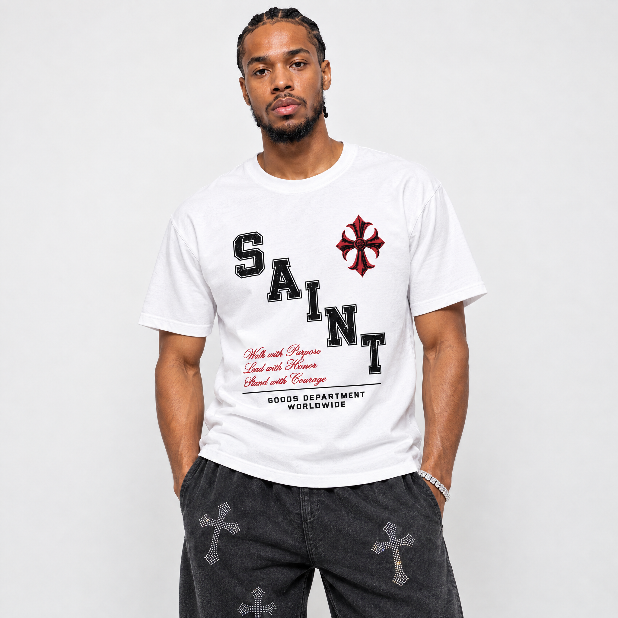 Saint Division Graphic T-Shirt featuring original streetwear artwork designed to match the Air Jordan 9 True Red. White 1 Graphic T-Shirt.