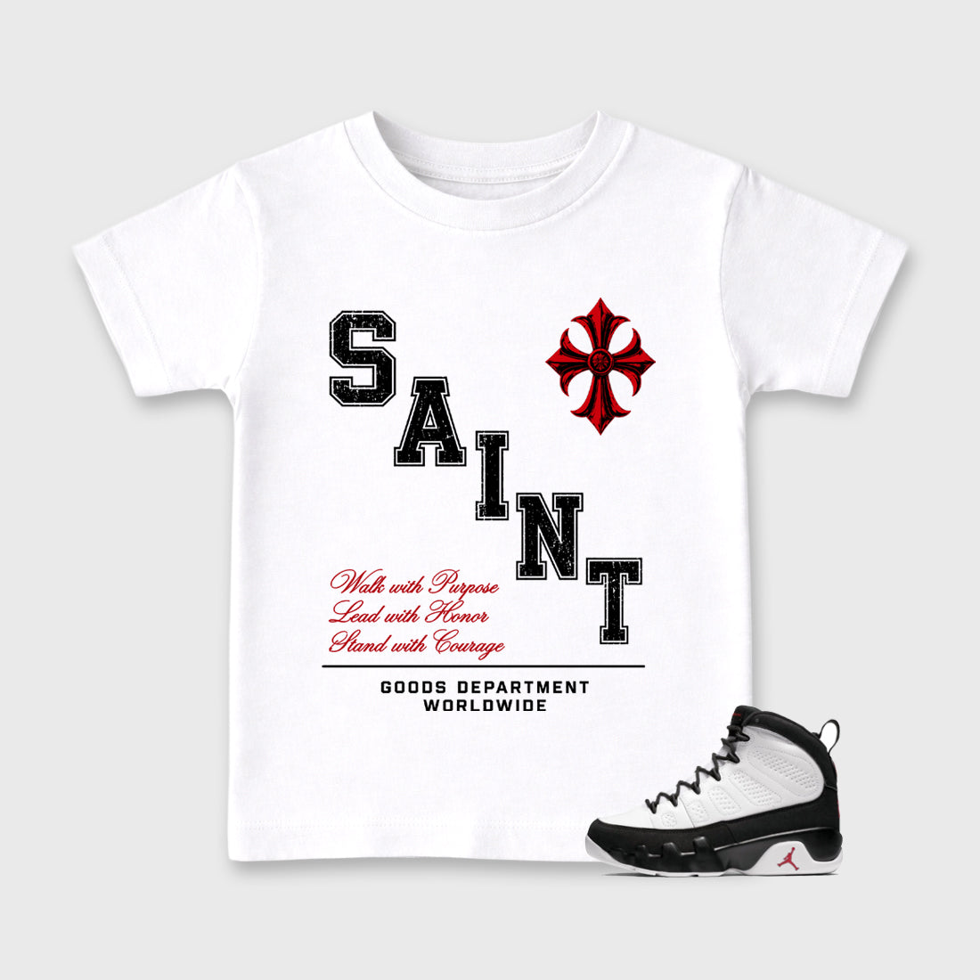 Saint Division Baby & Kids Graphic T-Shirt featuring original artwork designed to match the Air Jordan 9 True Red. White 1 Kids Graphic Tee.