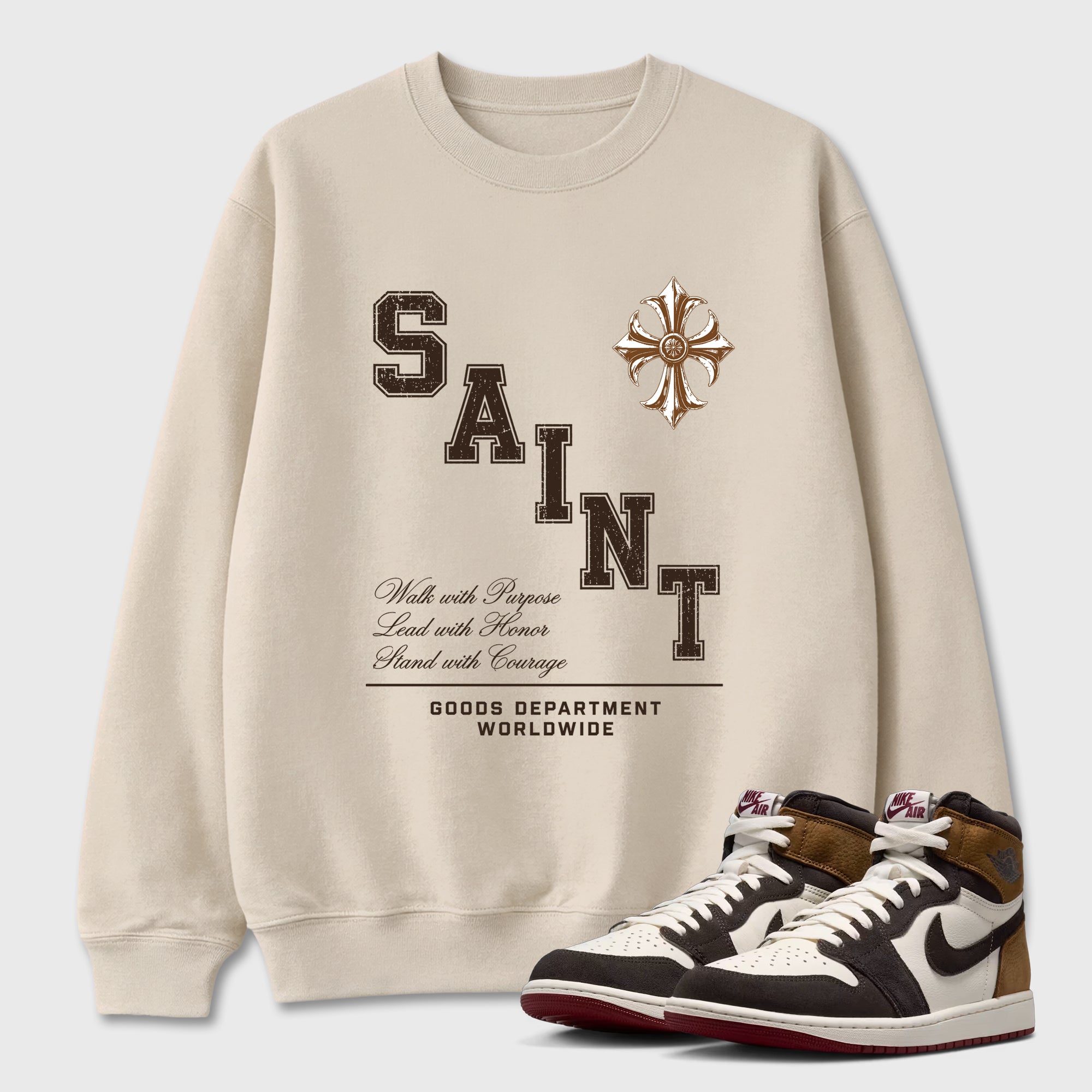 Saint Honor Graphic T-Shirt featuring original streetwear artwork designed to match the Air Jordan 1 Love Letter. Natural 1 Graphic Tee.