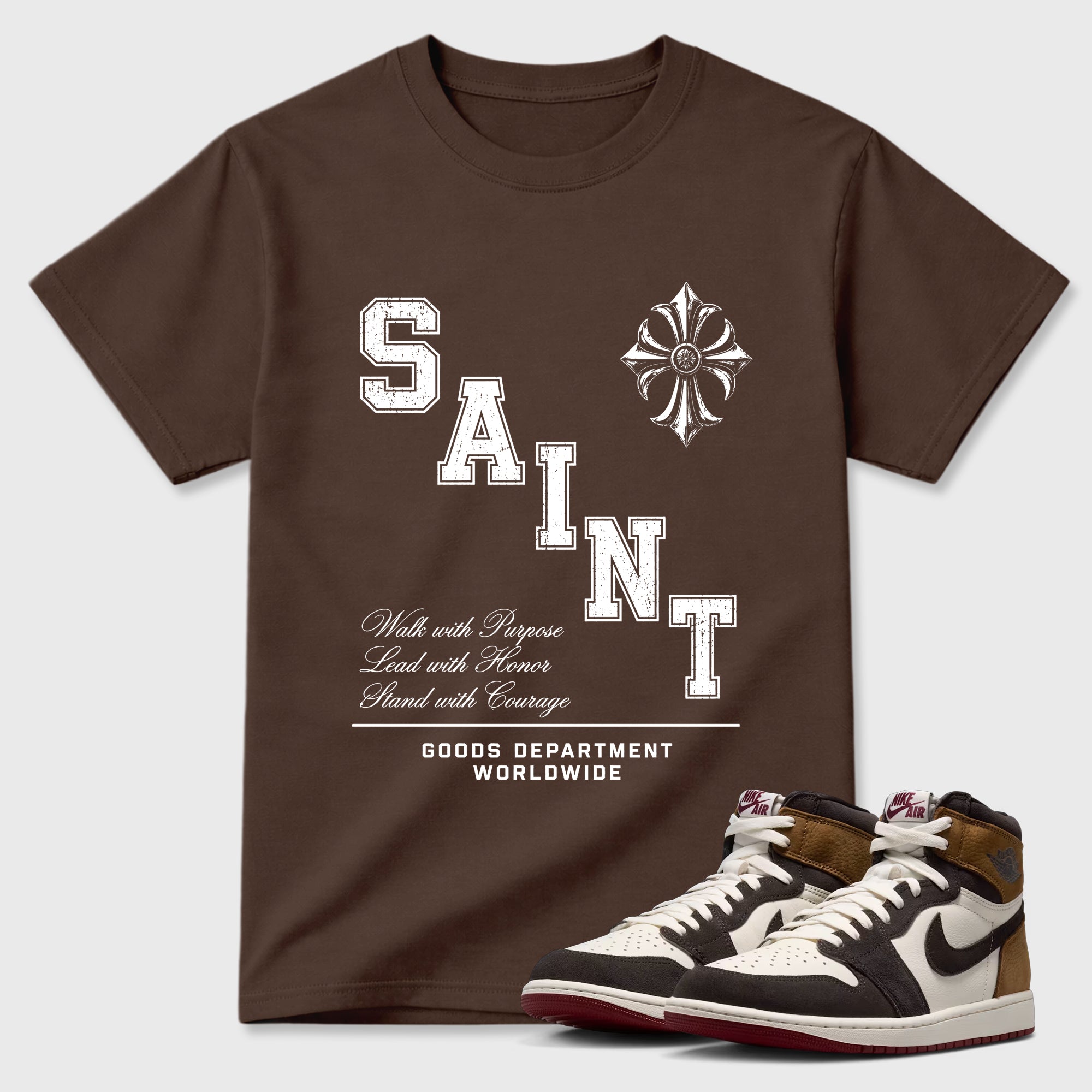 Saint Honor Graphic T-Shirt featuring original streetwear artwork designed to match the Air Jordan 1 Love Letter. Dark Chocolate 1 Graphic T-Shirt.
