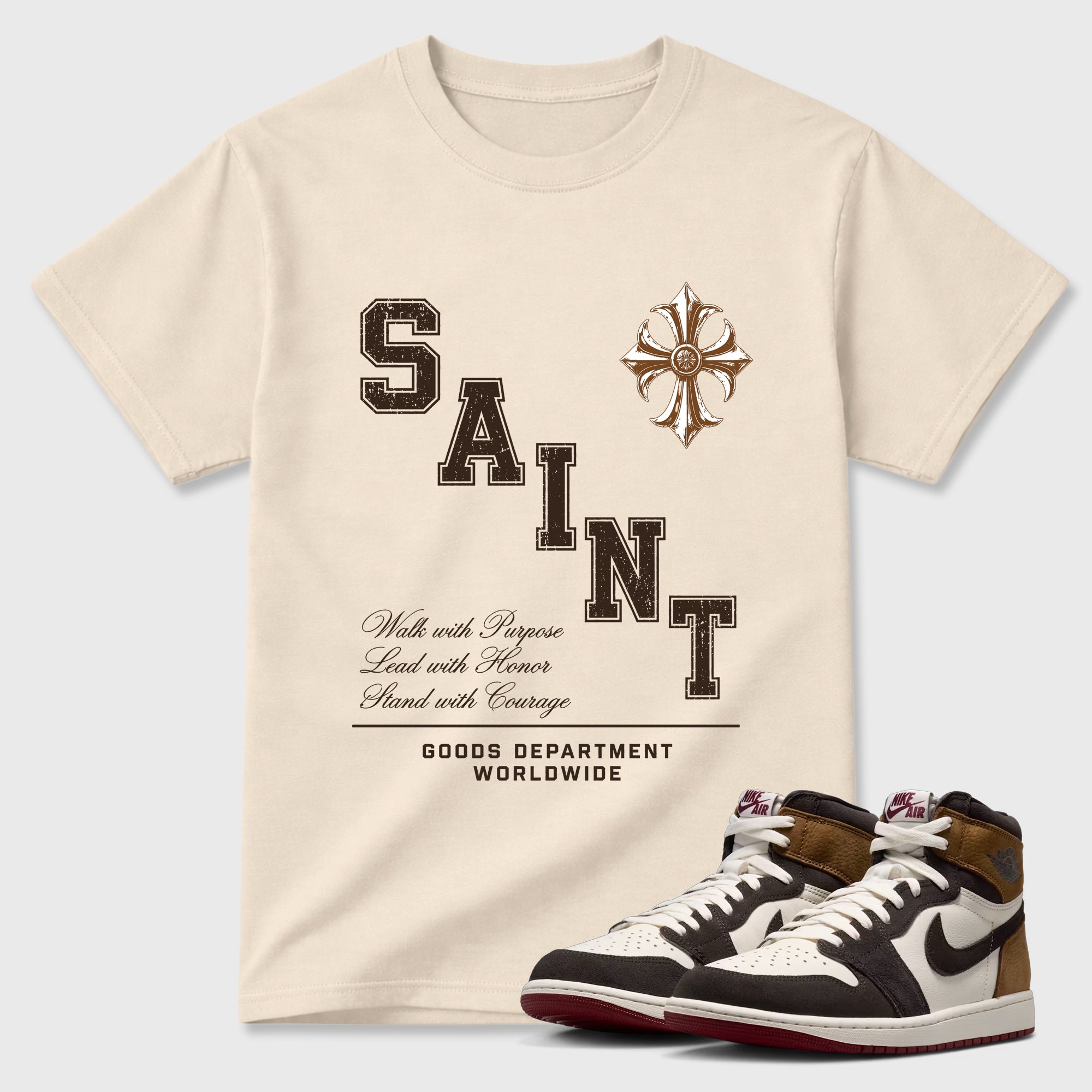 Saint Honor Graphic T-Shirt featuring original streetwear artwork designed to match the Air Jordan 1 Love Letter. Natural 1 Graphic T-Shirt.