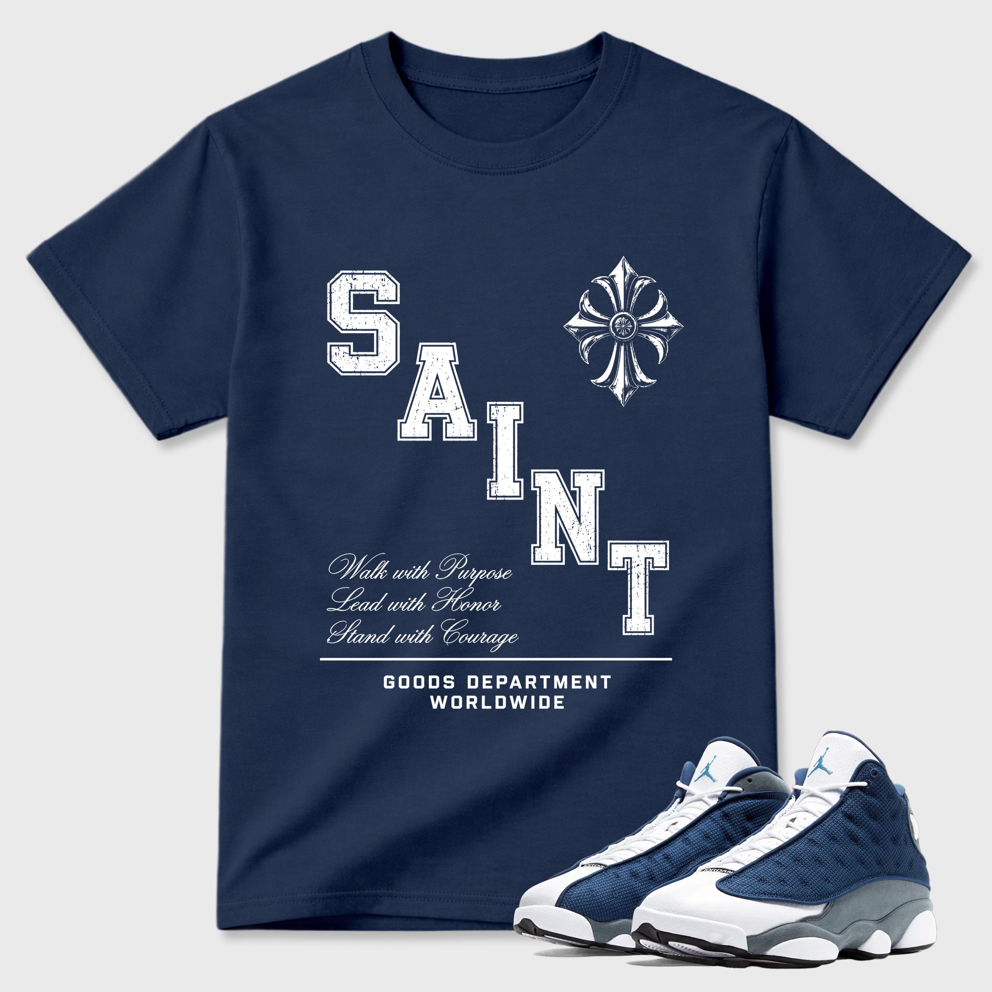 Saint Honor Graphic T-Shirt featuring original streetwear artwork designed to match the Air Jordan 13 Flint. Navy 1 Graphic T-Shirt.