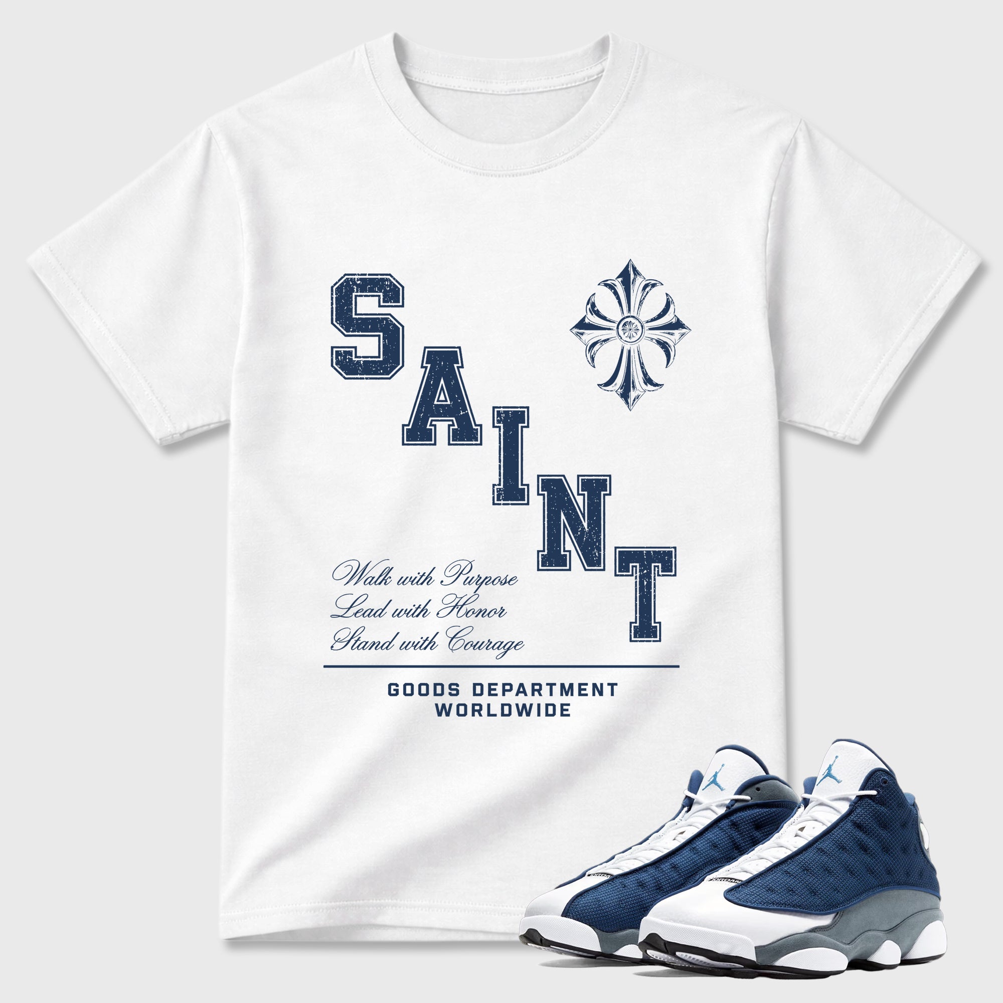 Saint Honor Graphic T-Shirt featuring original streetwear artwork designed to match the Air Jordan 13 Flint. White 1 Graphic T-Shirt.