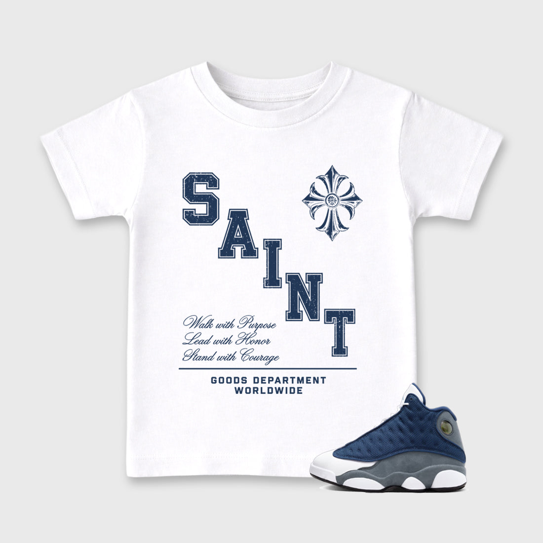 Saint Honor Baby & Kids Graphic T-Shirt featuring original artwork designed to match the Air Jordan 13 Flint. White 1 Kids Graphic Tee.