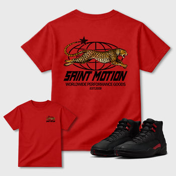 Saint Motion double side graphic tee styled to complete your fit with the AJ12 Bloodline, shown in Red.
