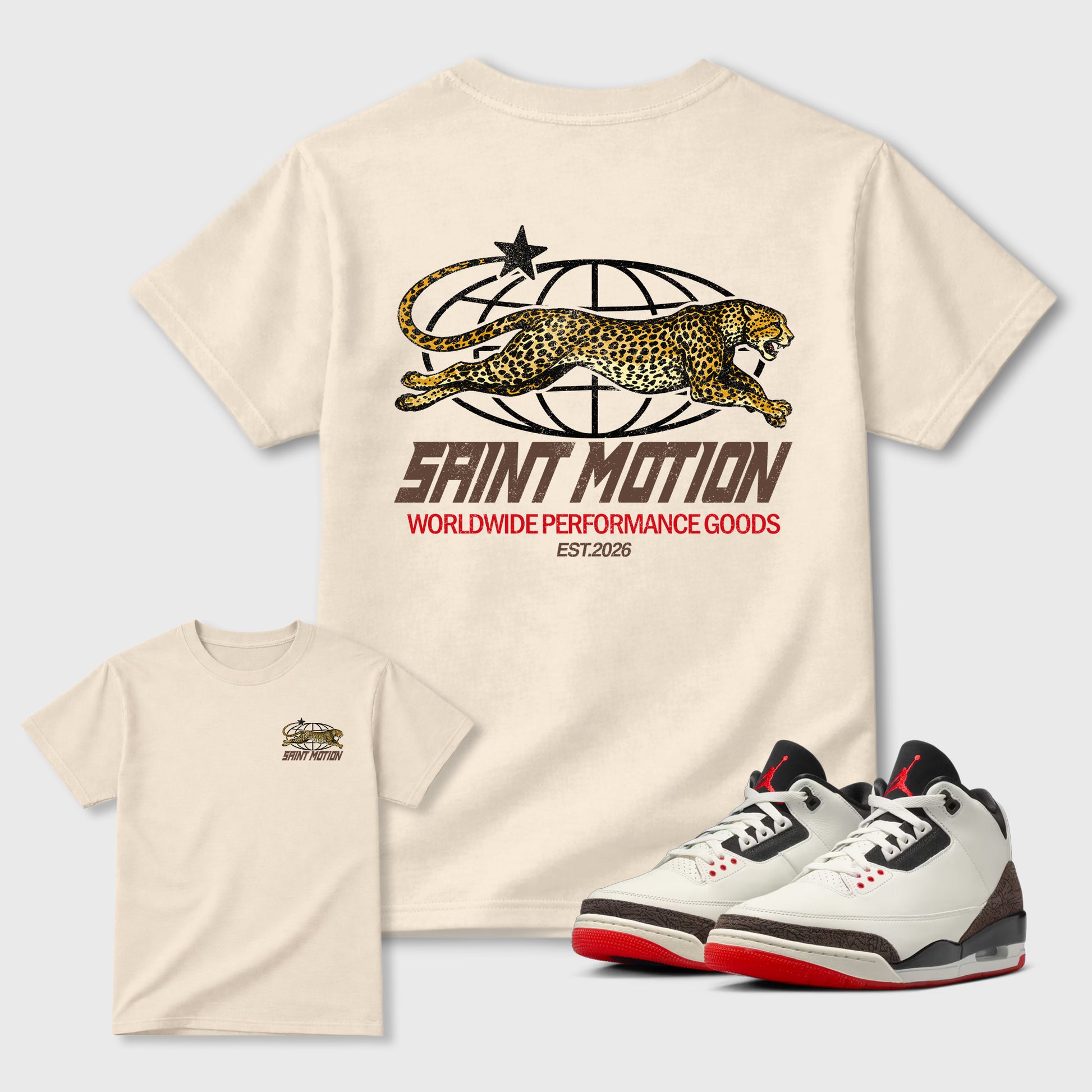 Saint Motion double side graphic tee styled to complete your fit with the Air Jordan 3 World's Best Dad sneakers, shown in Natural.