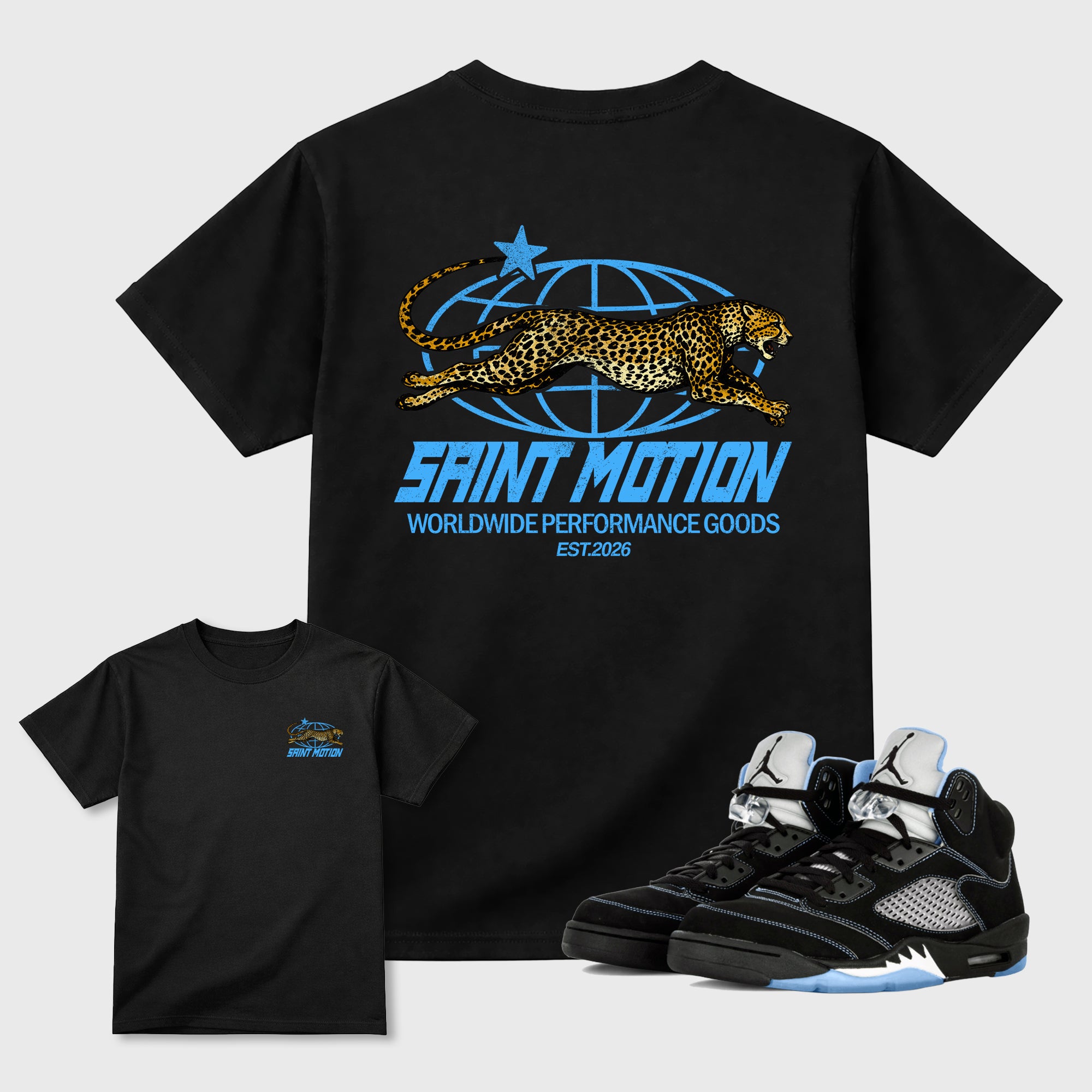 Saint Motion Graphic T-Shirt sneaker match tee designed for the sneakers, featuring coordinated color options for a perfect streetwear match. Black shirt.