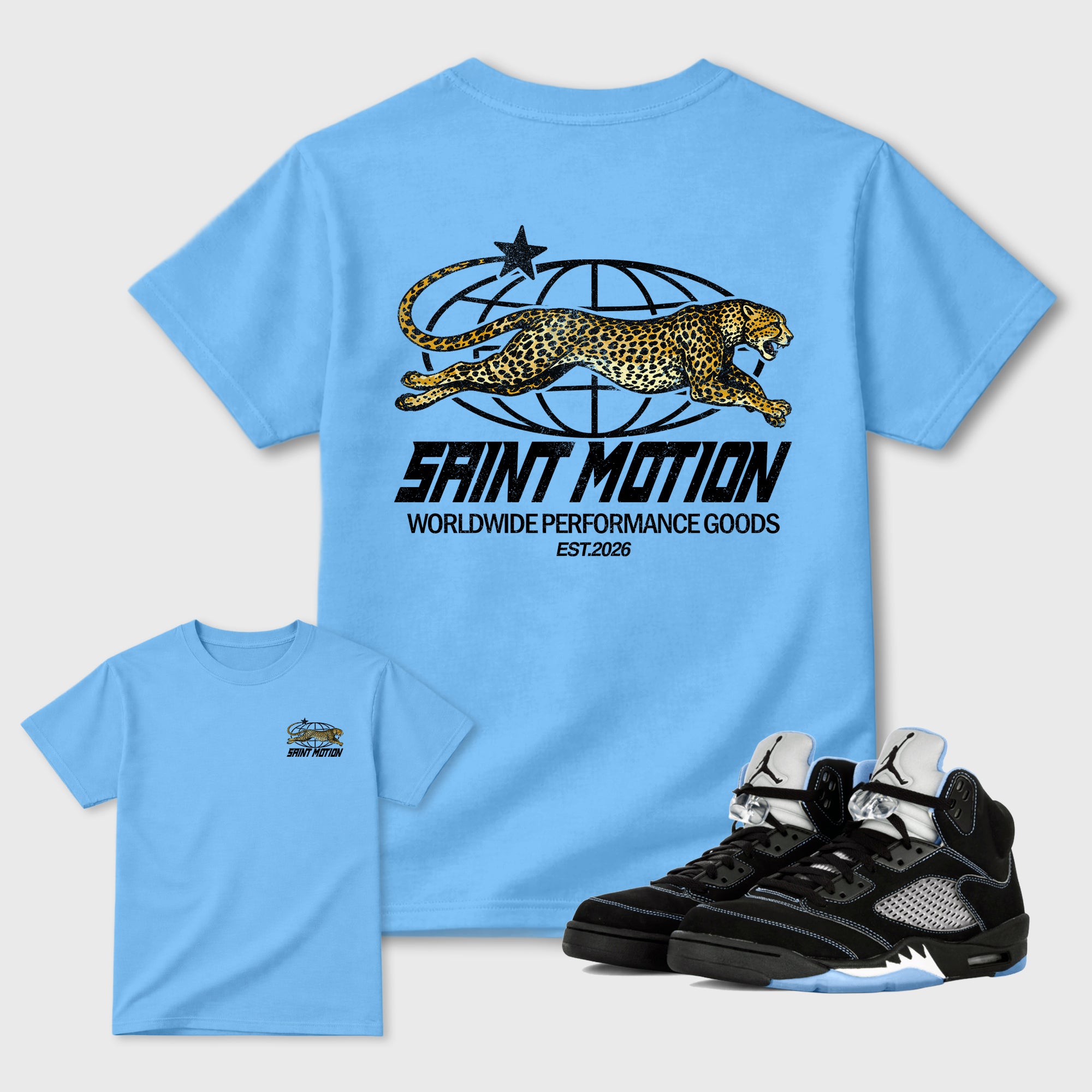 Saint Motion Graphic T-Shirt sneaker match tee designed for the Air Jordan 5 Black Carolina sneakers, featuring coordinated color options for a perfect streetwear match. Carolina Blue shirt.