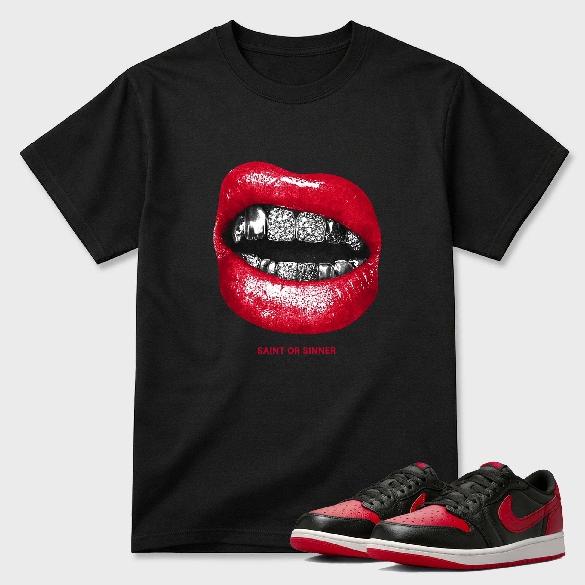 Sneaker match tees – Sneaker Tees To Match Air Jordan 1 Banned Shoes – Saint or Sinner Tee Black 1