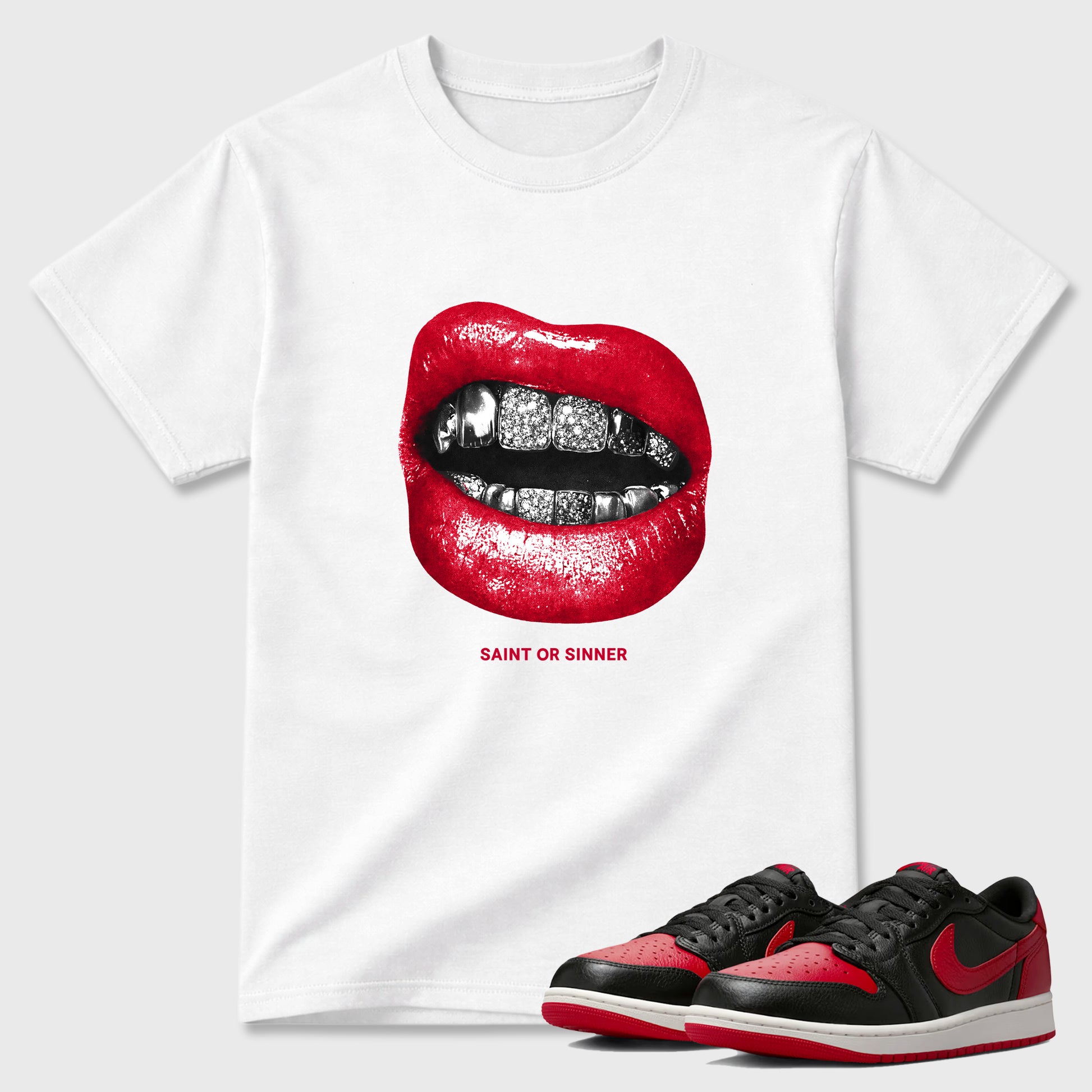 Sneaker match tees – Sneaker Tees To Match Air Jordan 1 Banned Shoes – Saint or Sinner Tee White 1