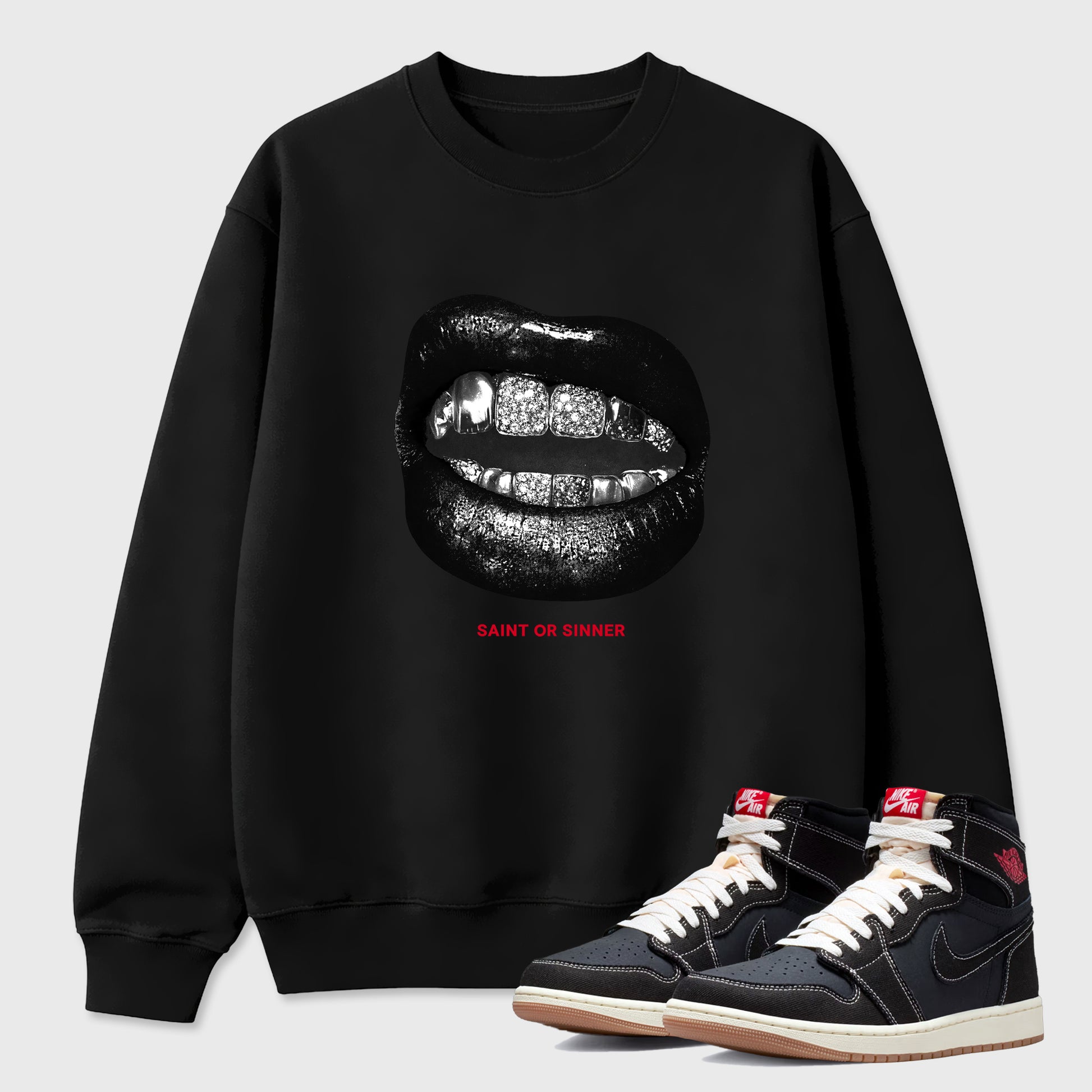 Sneaker match tees – Sneaker Tees To Match Air Jordan 1 Flight Club Shoes – Saint Or Sinner Tee Black 1
