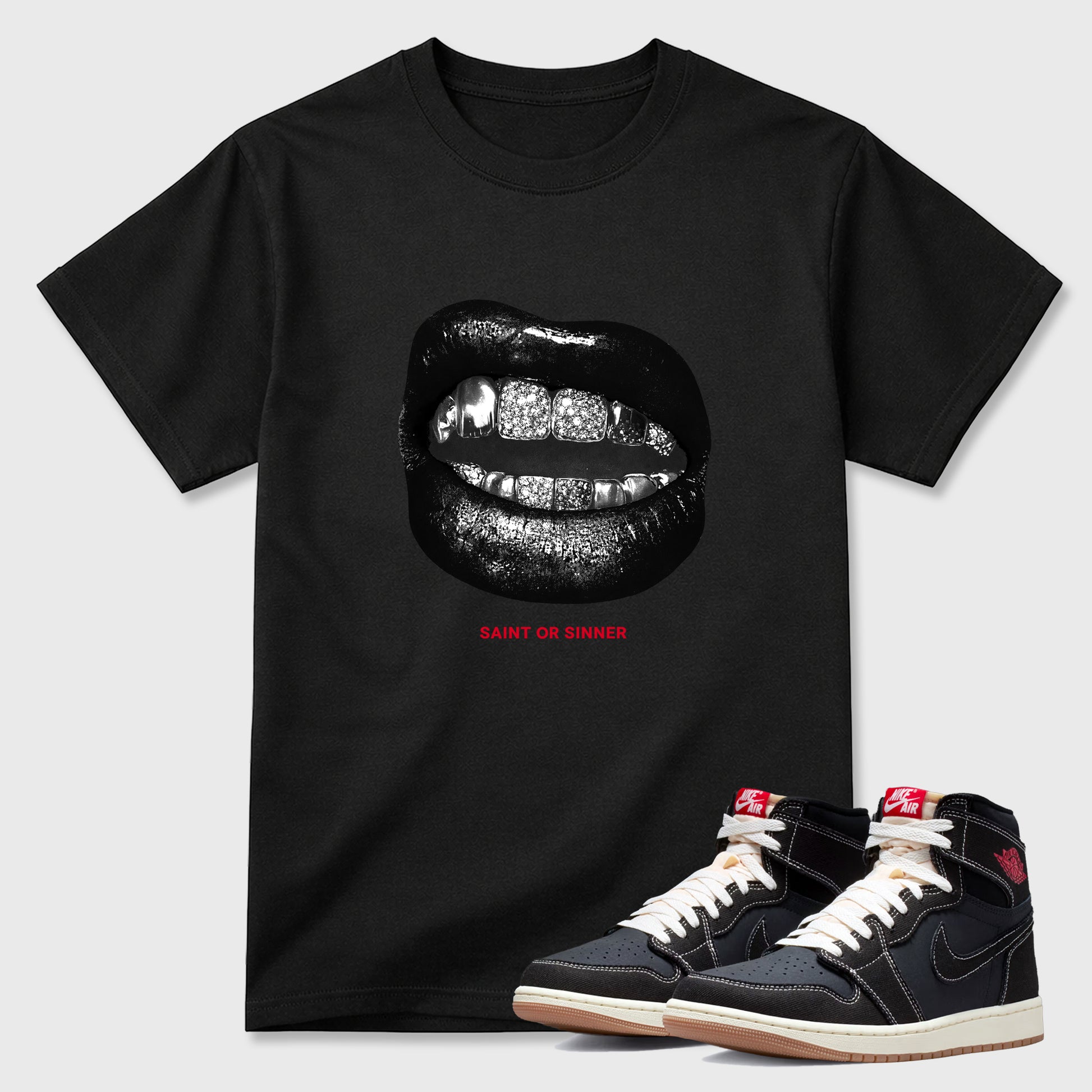 Sneaker match tees – Sneaker Tees To Match Air Jordan 1 Flight Club Shoes – Saint Or Sinner Tee Black 1