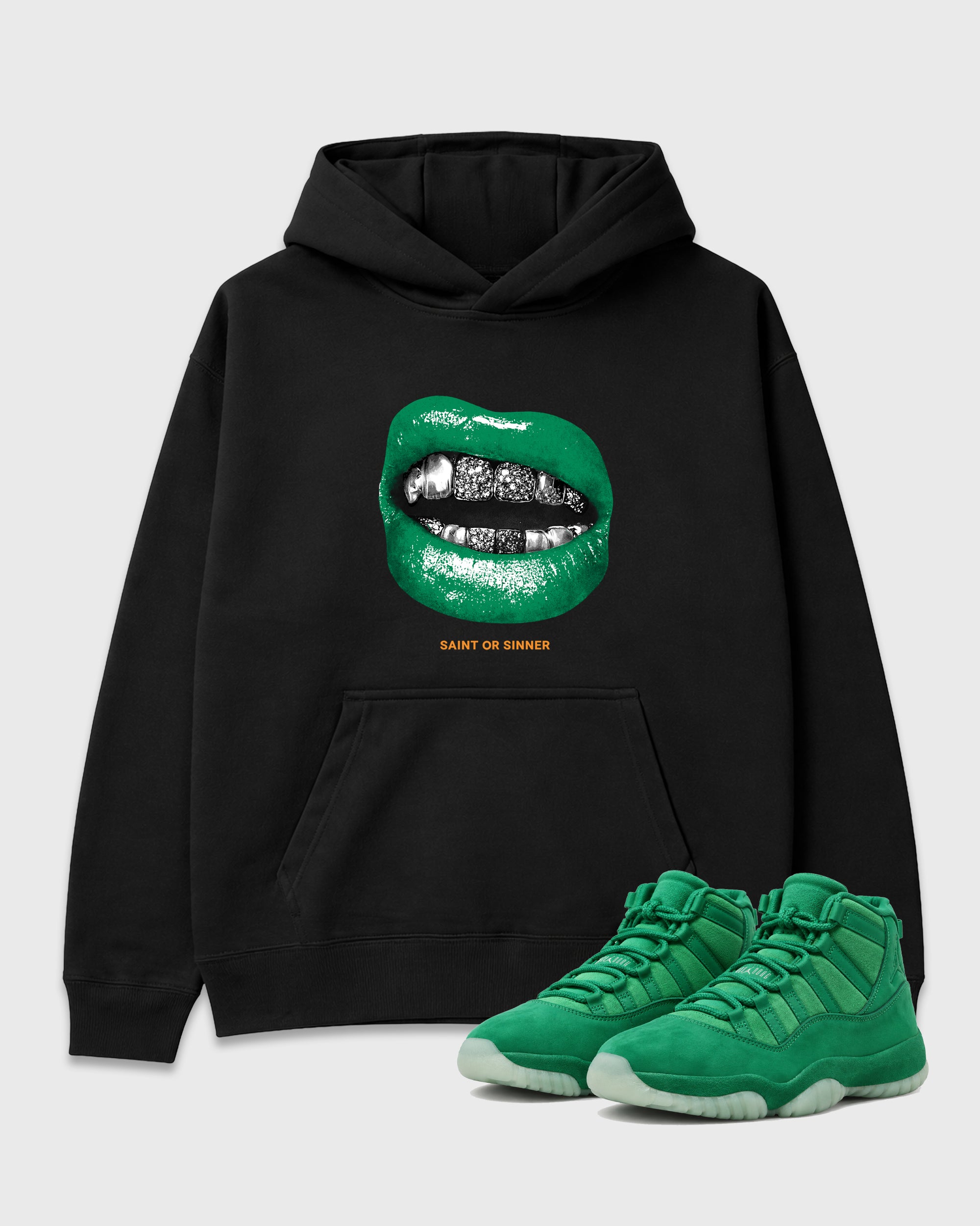 Saint or Sinner Graphic T-Shirt featuring original streetwear artwork designed to match the Air Jordan 11 Green Screen. Black 1 Graphic Tee.