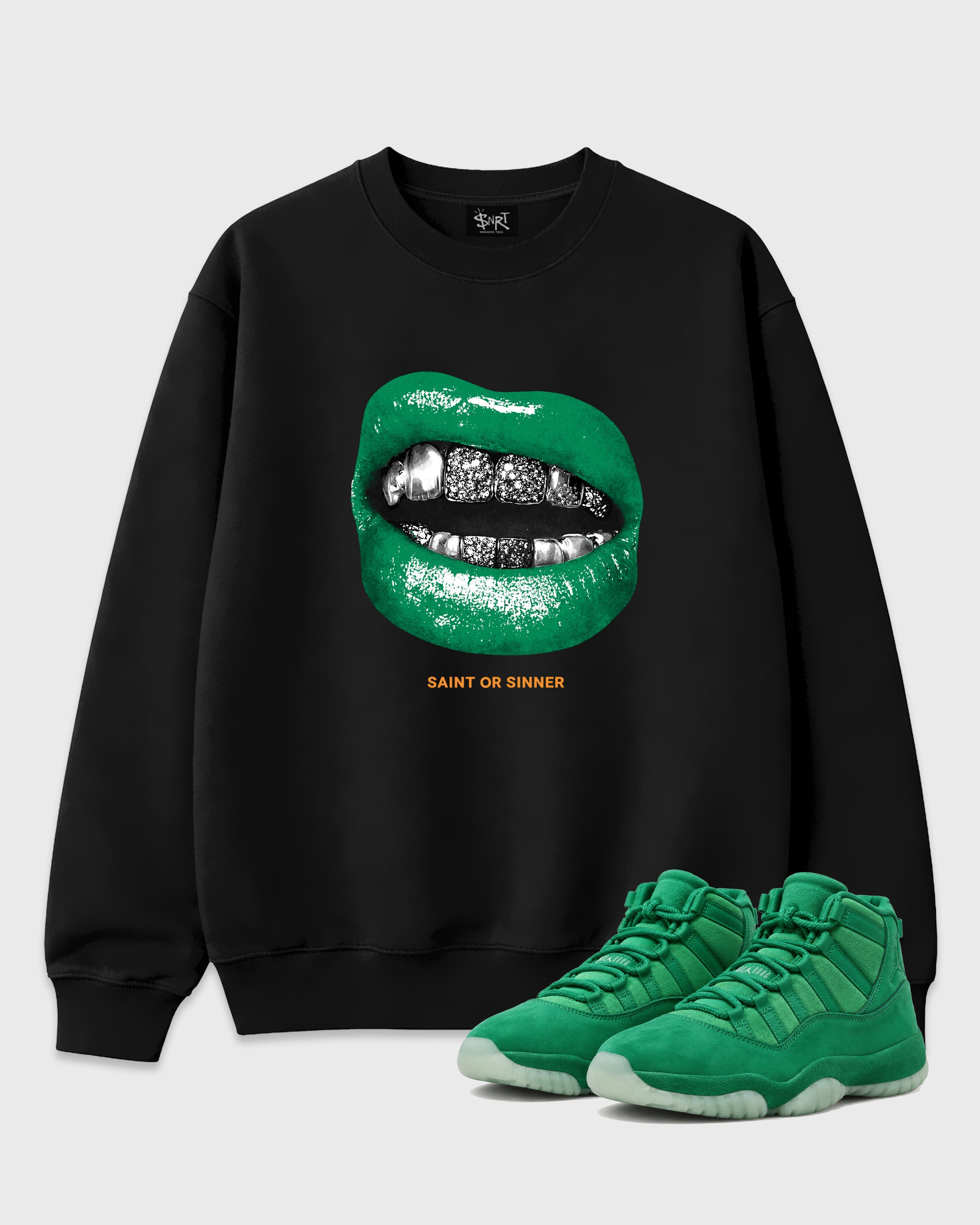 Saint or Sinner Graphic T-Shirt featuring original streetwear artwork designed to match the Air Jordan 11 Green Screen. Black 1 Graphic Tee.