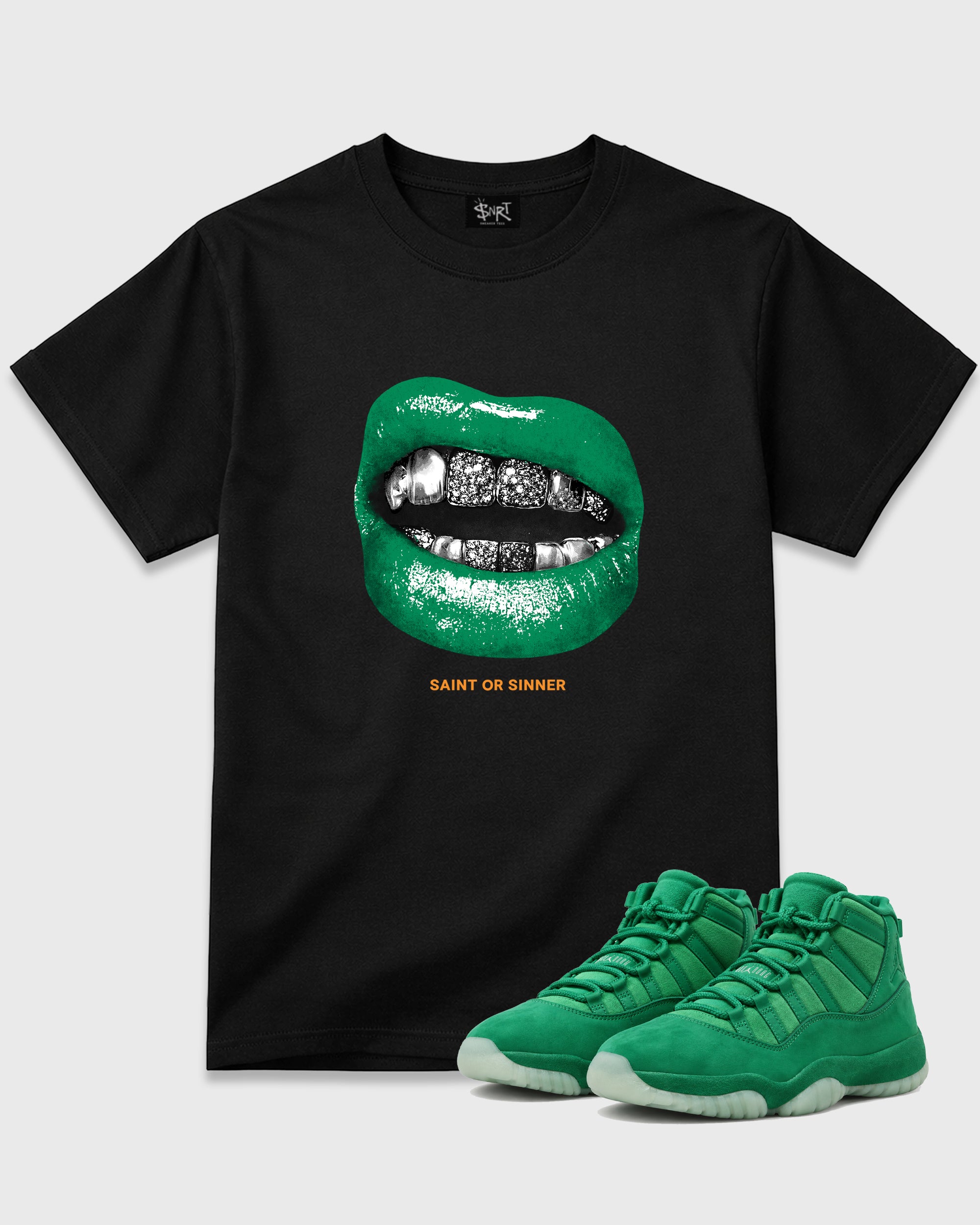 Saint or Sinner Graphic T-Shirt featuring original streetwear artwork designed to match the Air Jordan 11 Green Screen. Black 1 Graphic T-Shirt.