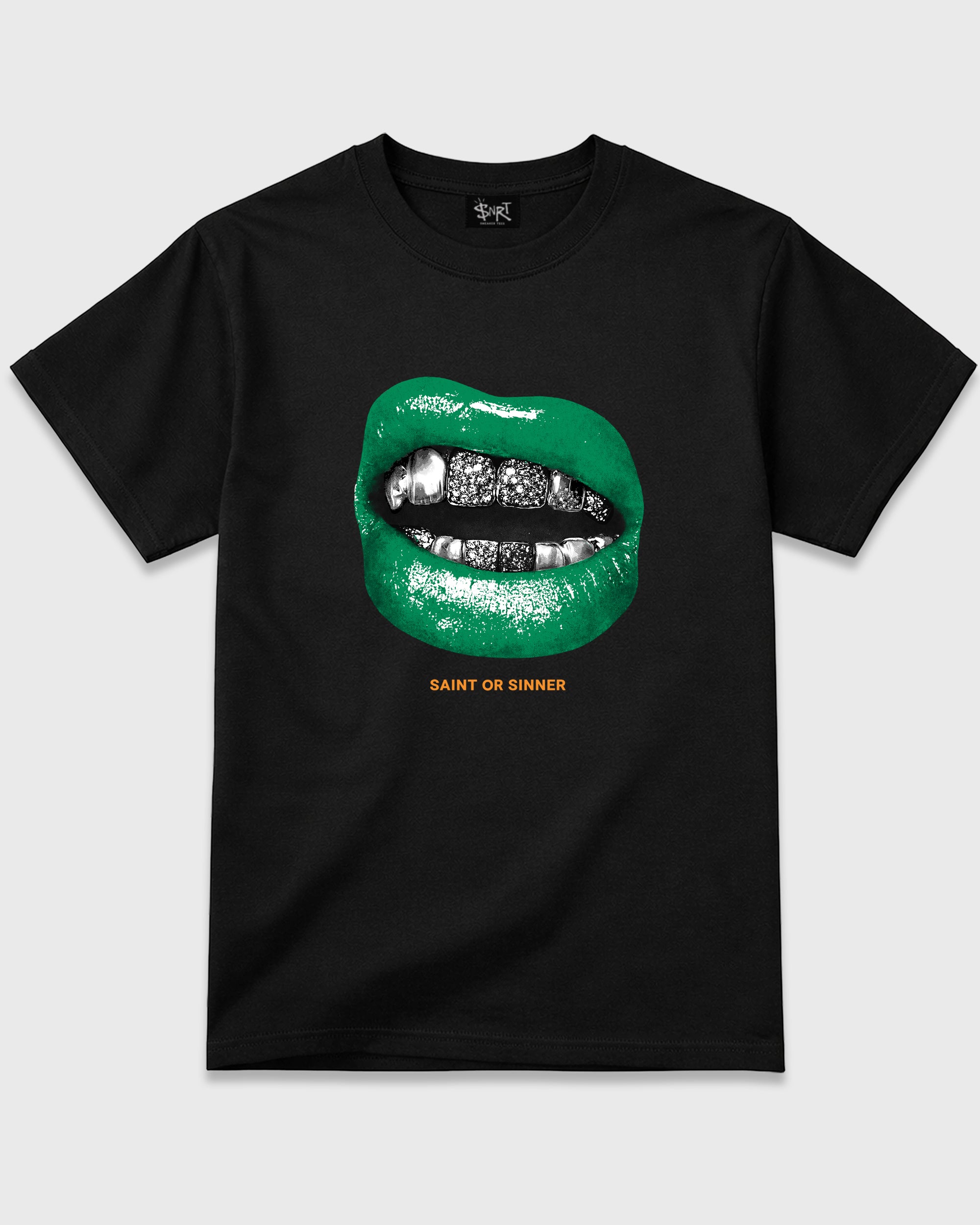 Saint or Sinner Graphic T-Shirt featuring original streetwear artwork designed to match the Air Jordan 11 Green Screen. Black 2 Graphic T-Shirt.