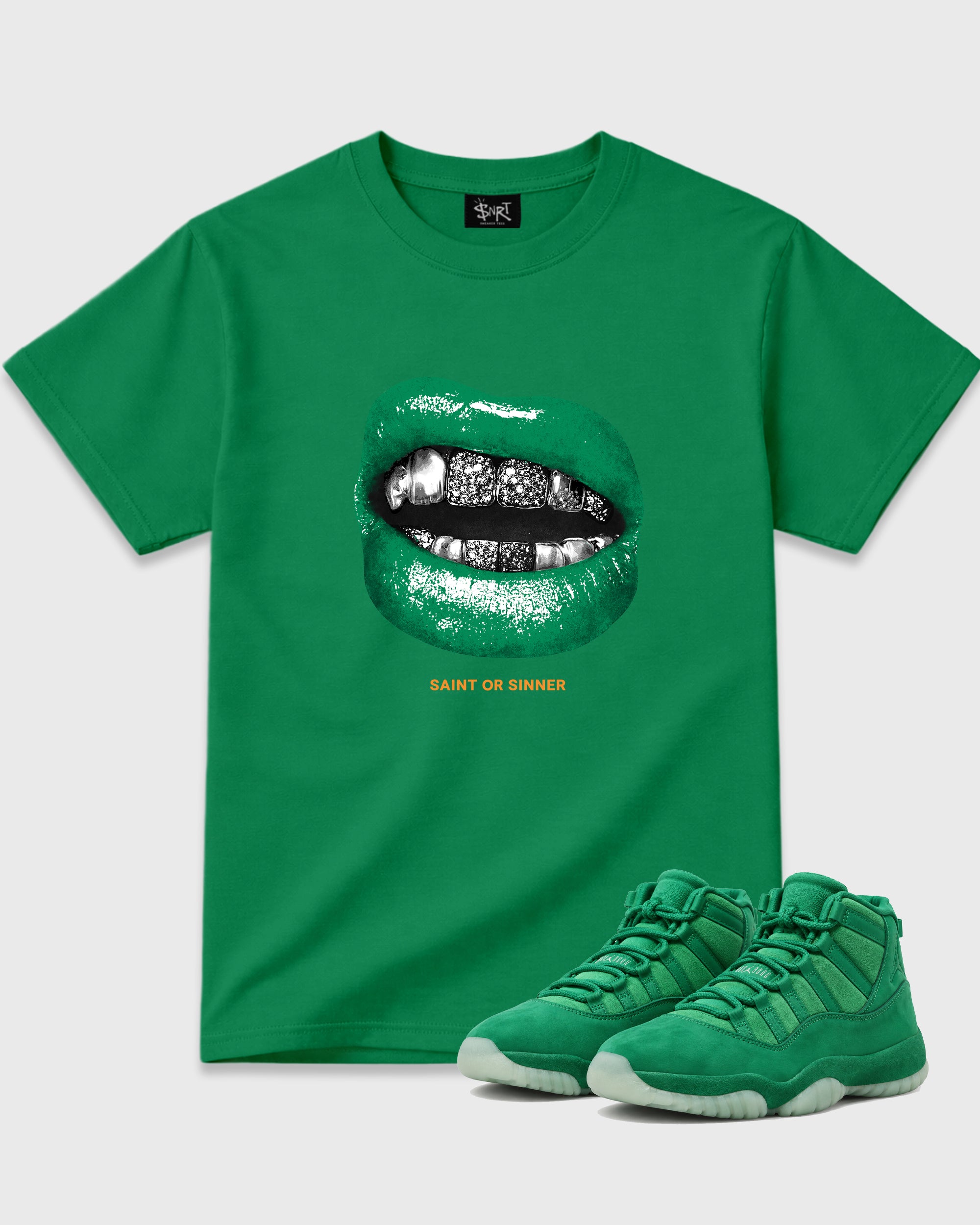 Saint or Sinner Graphic T-Shirt featuring original streetwear artwork designed to match the Air Jordan 11 Green Screen. Kelly Green 1 Graphic T-Shirt.