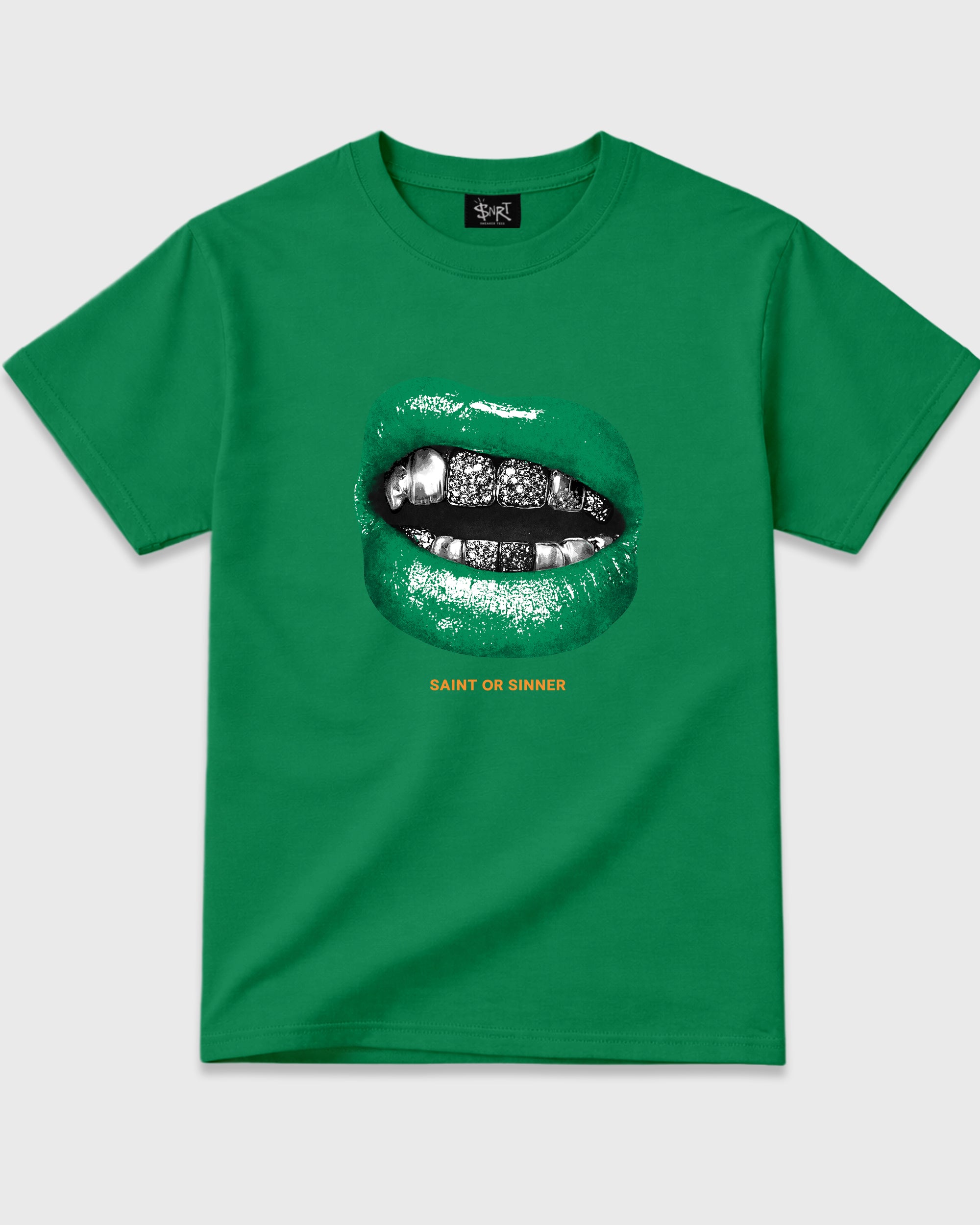 Saint or Sinner Graphic T-Shirt featuring original streetwear artwork designed to match the Air Jordan 11 Green Screen. Kelly Green 2 Graphic T-Shirt.