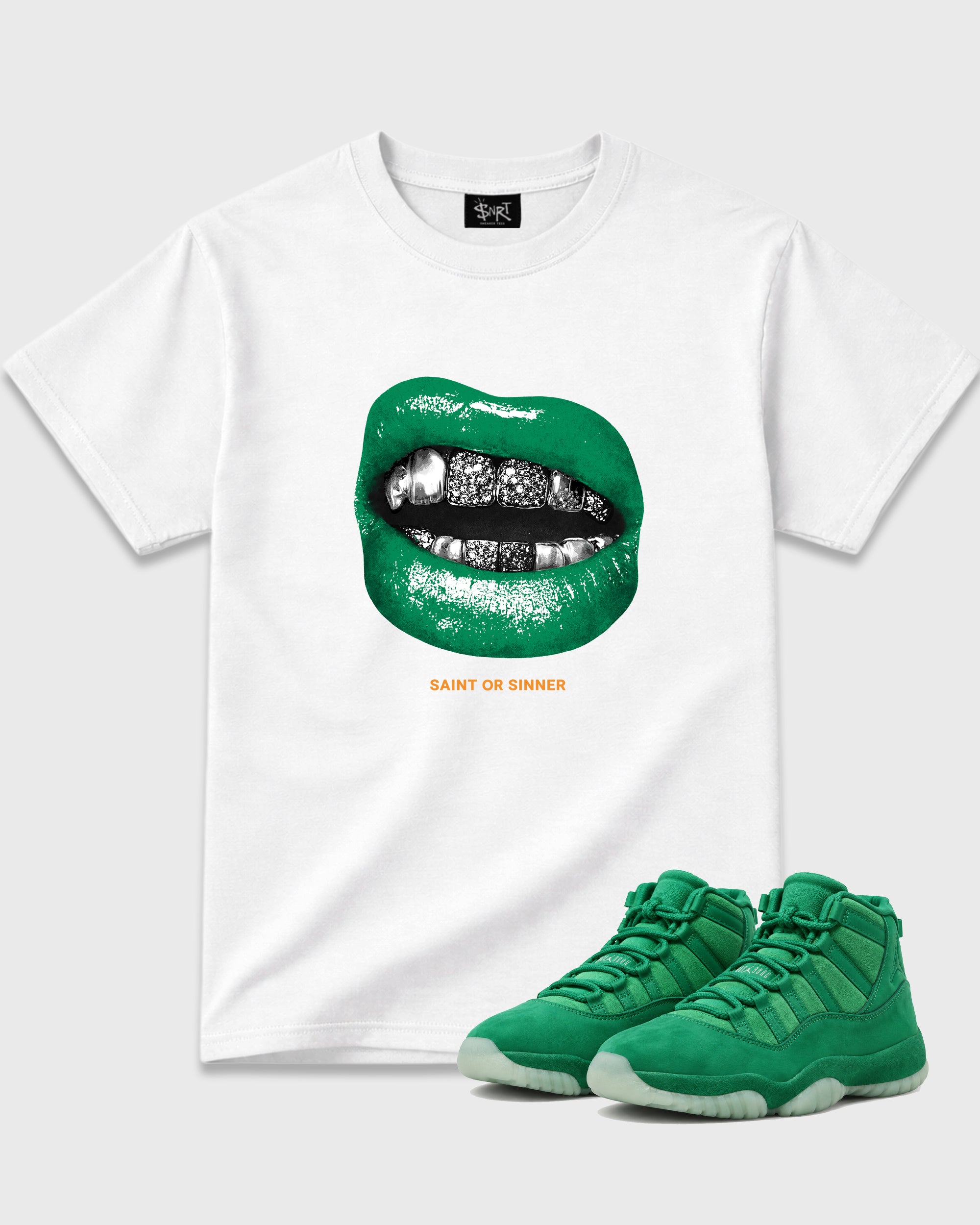 Saint or Sinner Graphic T-Shirt featuring original streetwear artwork designed to match the Air Jordan 11 Green Screen. White 1 Graphic T-Shirt.