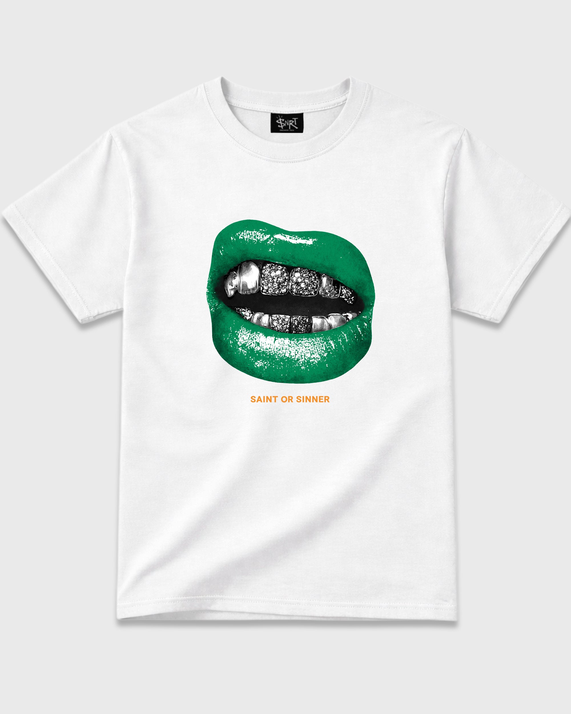Saint or Sinner Graphic T-Shirt featuring original streetwear artwork designed to match the Air Jordan 11 Green Screen. White 2 Graphic T-Shirt.